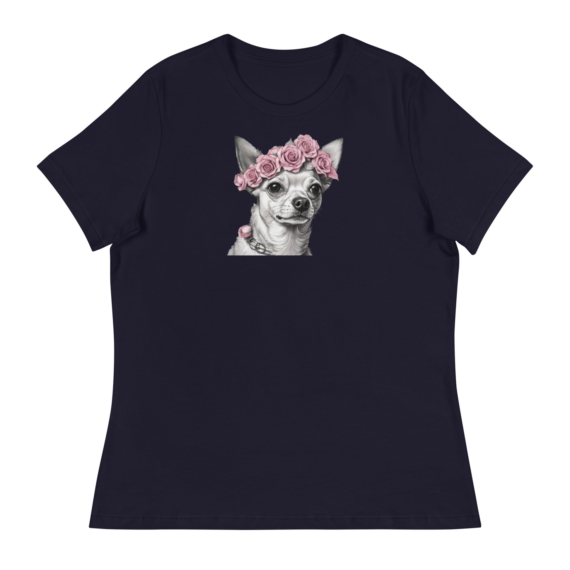 Chihuahua with Pink Rose Wreath Women's Dog Lover T-Shirt Navy