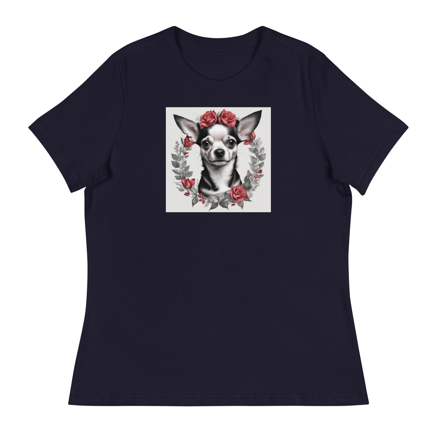 Chihuahua with Red Rose Wreath Women's Dog Lover T-Shirt Navy