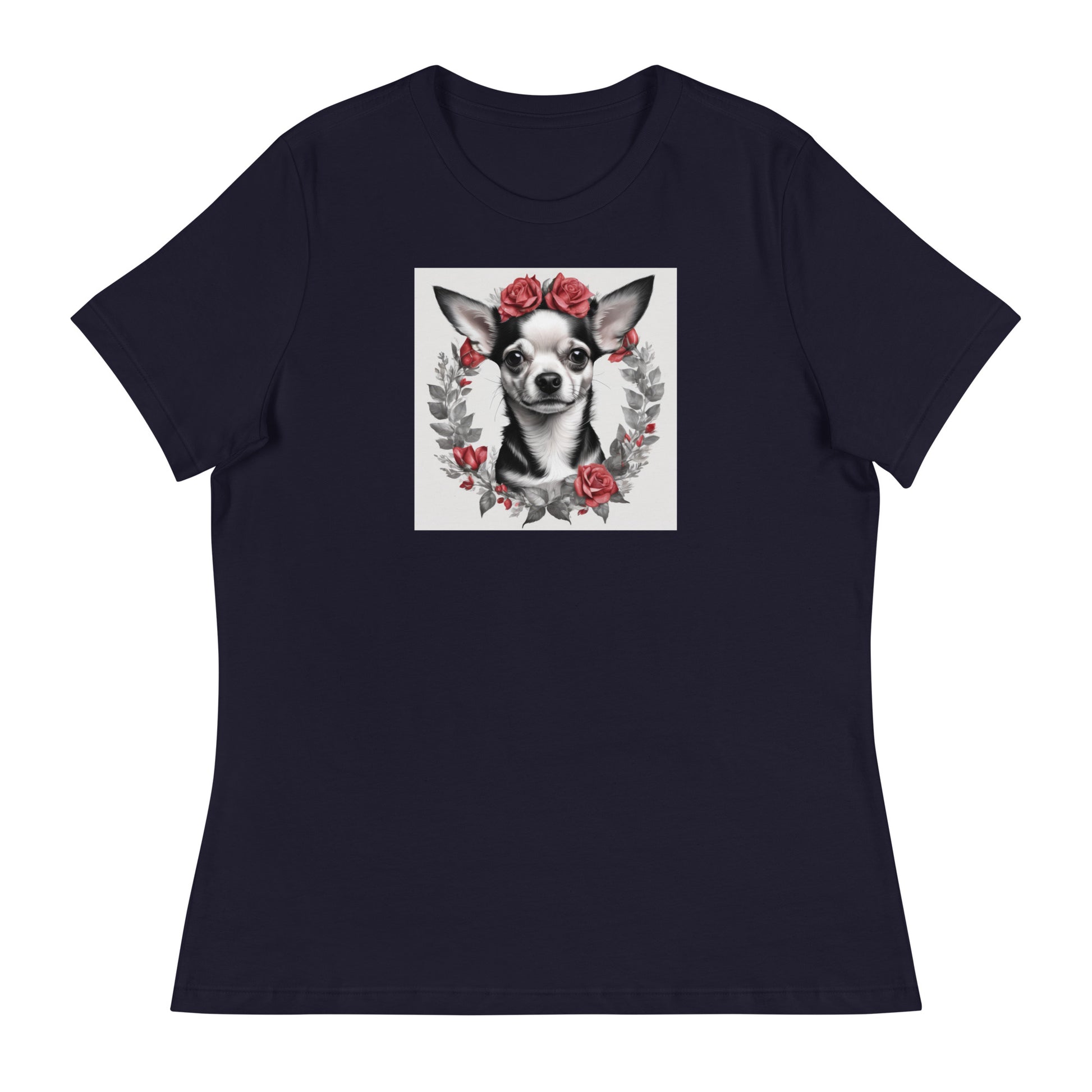 Chihuahua with Red Rose Wreath Women's Dog Lover T-Shirt Navy