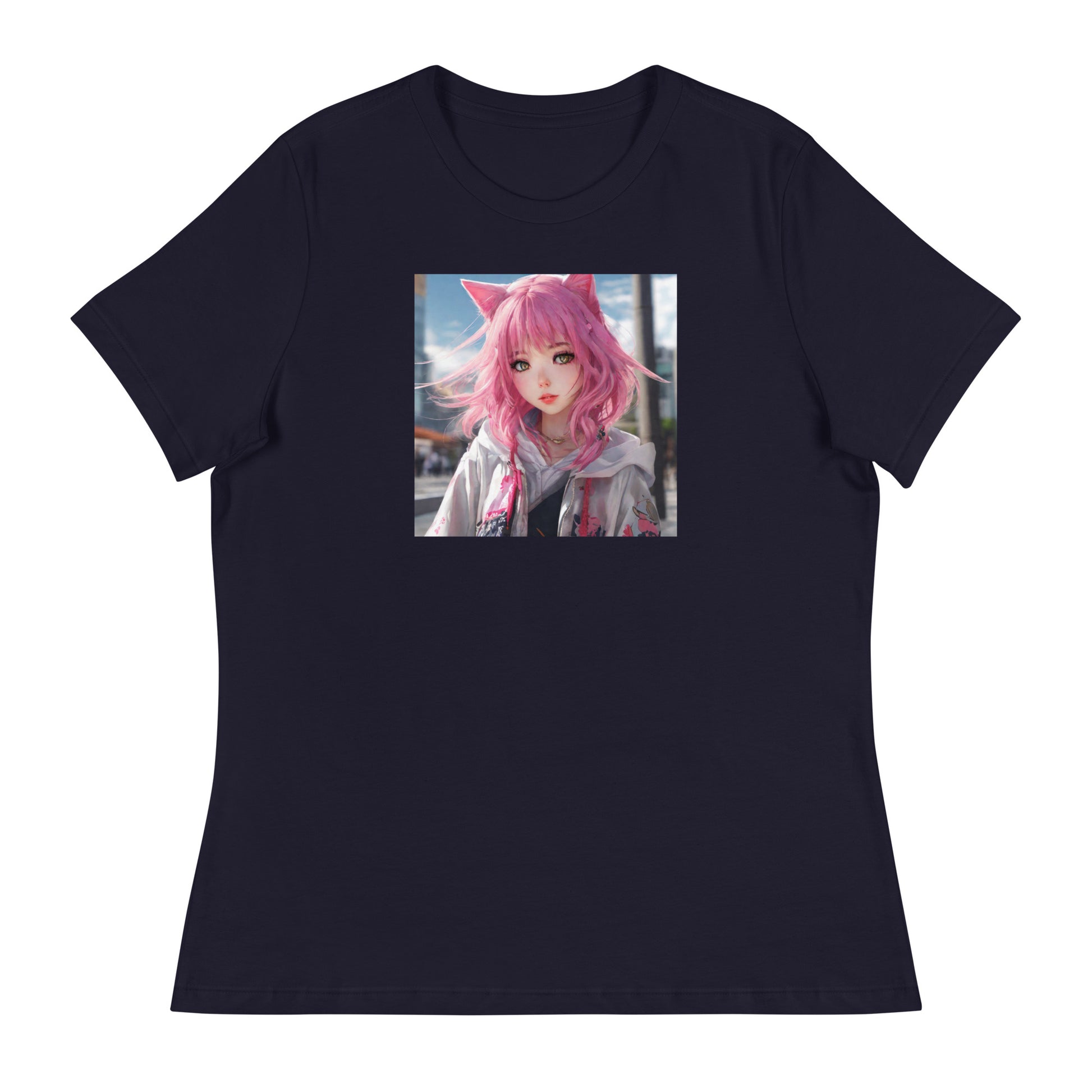 Cute Girl with Cat Ears and Pink Hair Women's Anime T-Shirt Navy