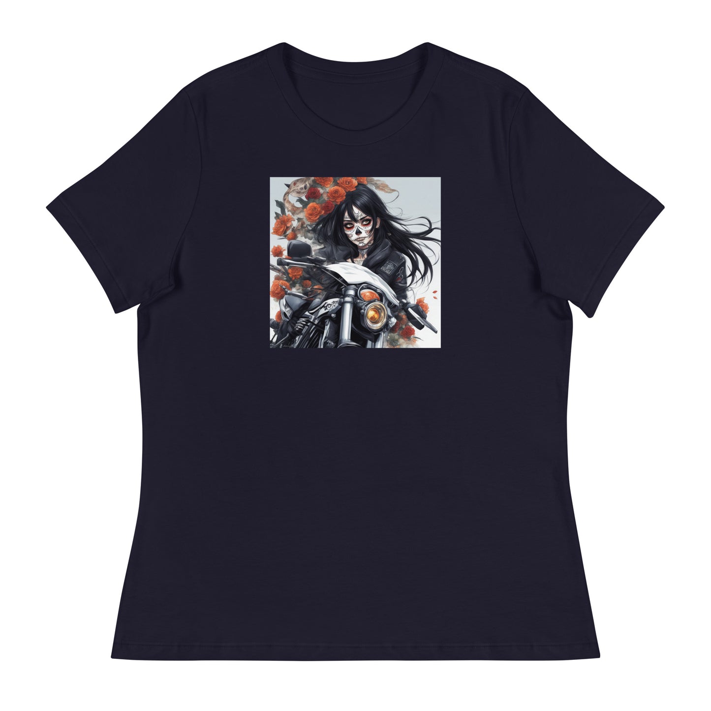 Day of the Dead Biker Close Up Women's Anime T-Shirt Navy