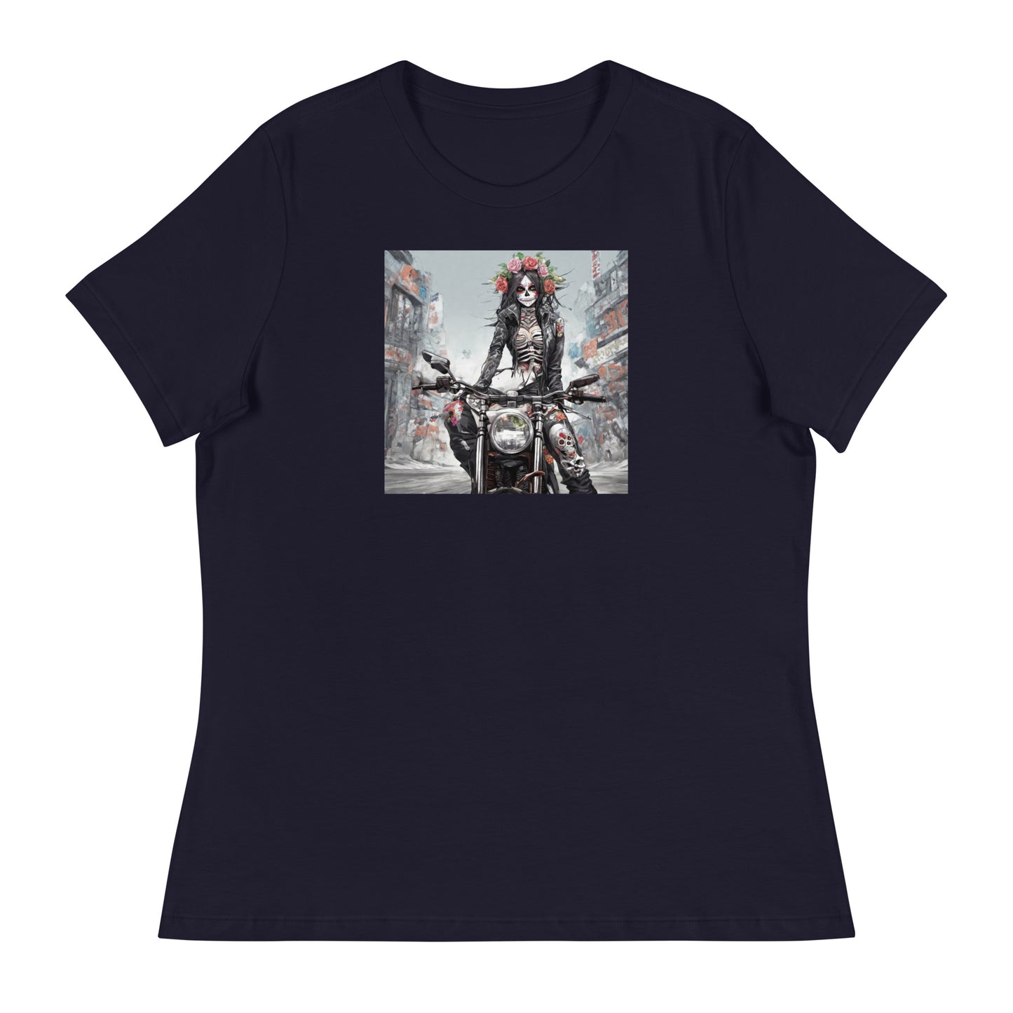 Day of the Dead Biker Women's Anime T-Shirt Navy