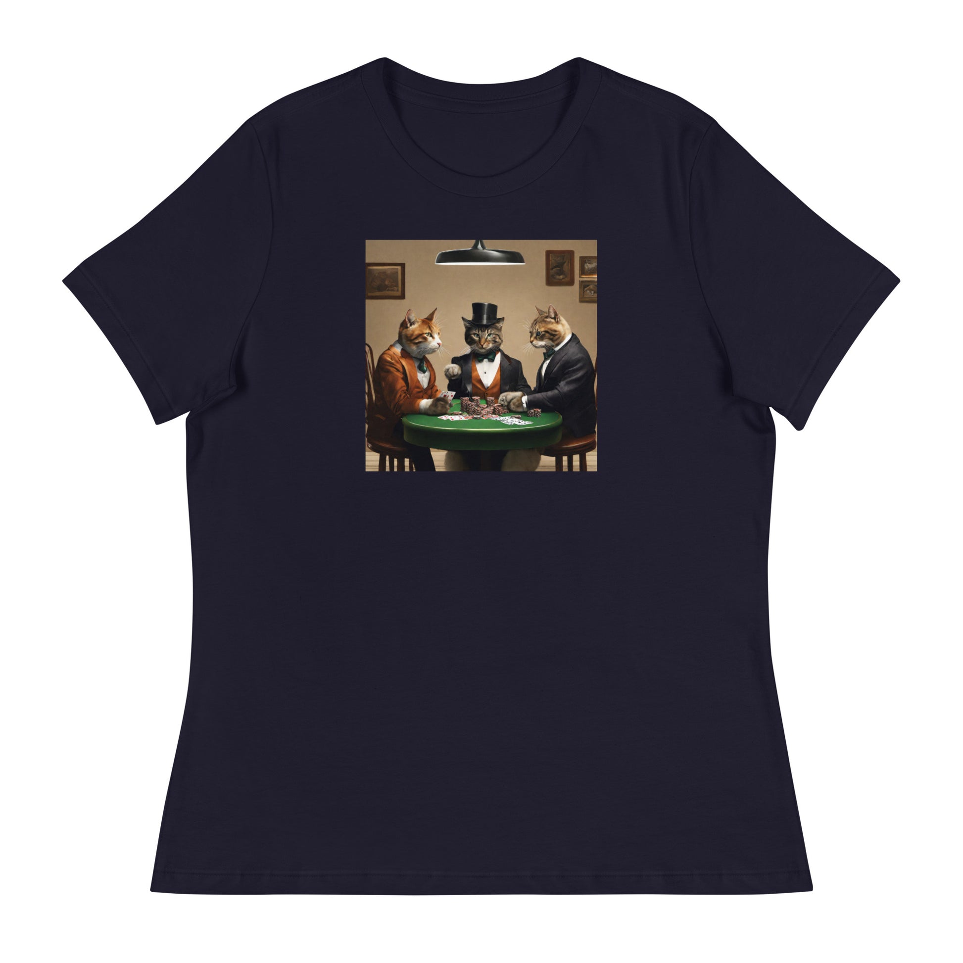 Cats Playing Poker Women's Funny T-Shirt Navy