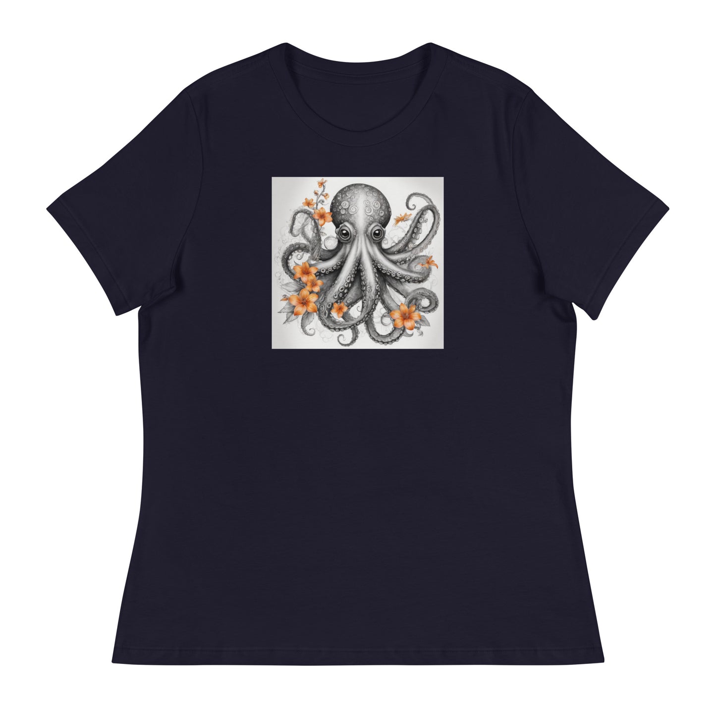 Octopus with Orange Flowers Women's Animal Lover T-Shirt Navy