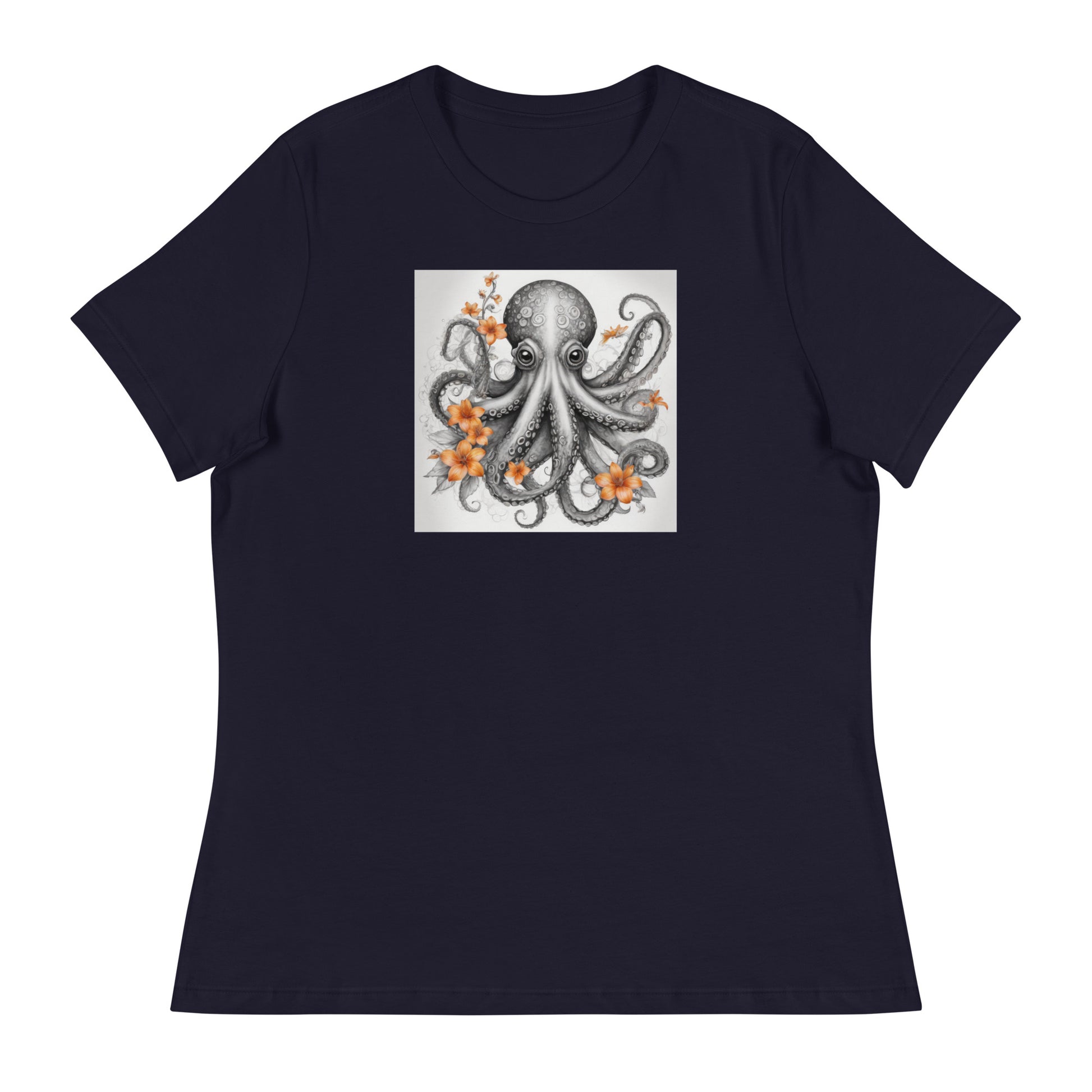 Octopus with Orange Flowers Women's Animal Lover T-Shirt Navy