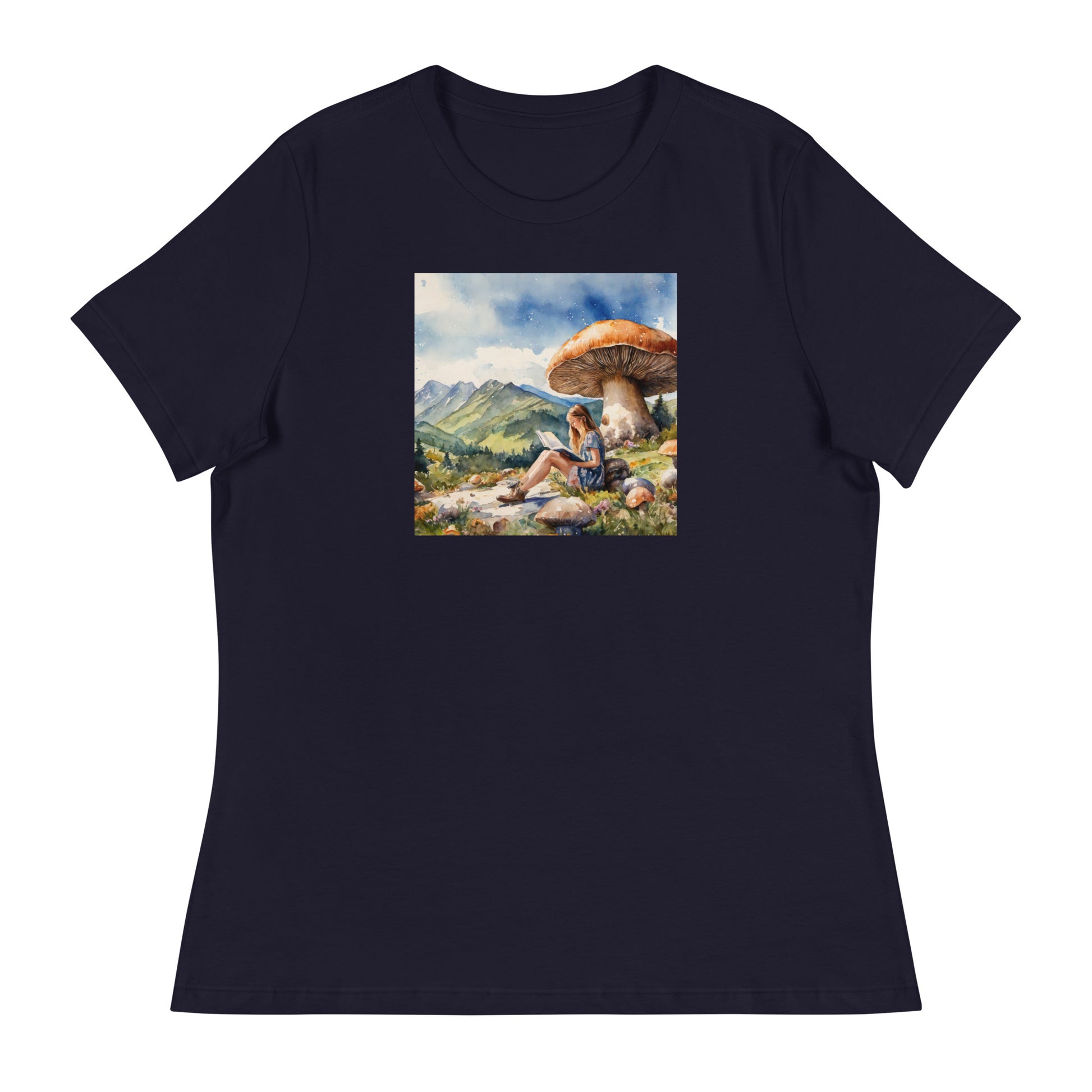 Woman Reading a Book under Large Mushroom Women's Book Lover T-Shirt Navy