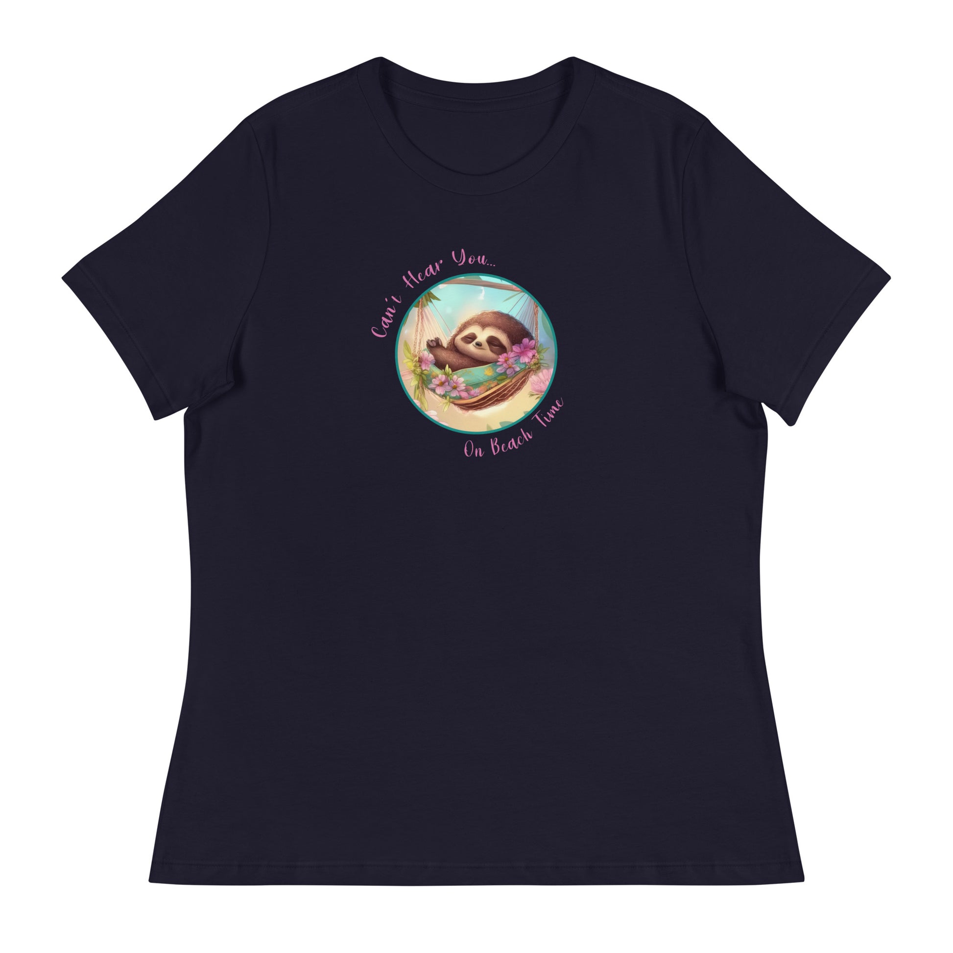 Can't Hear You... On Beach Time Sloth Women's Summer T-Shirt Navy