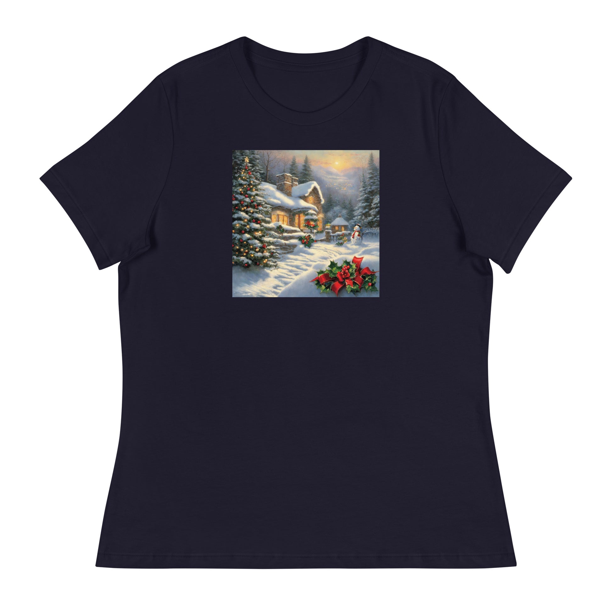 Snowy Winter Scene Women's Christmas T-Shirt Navy