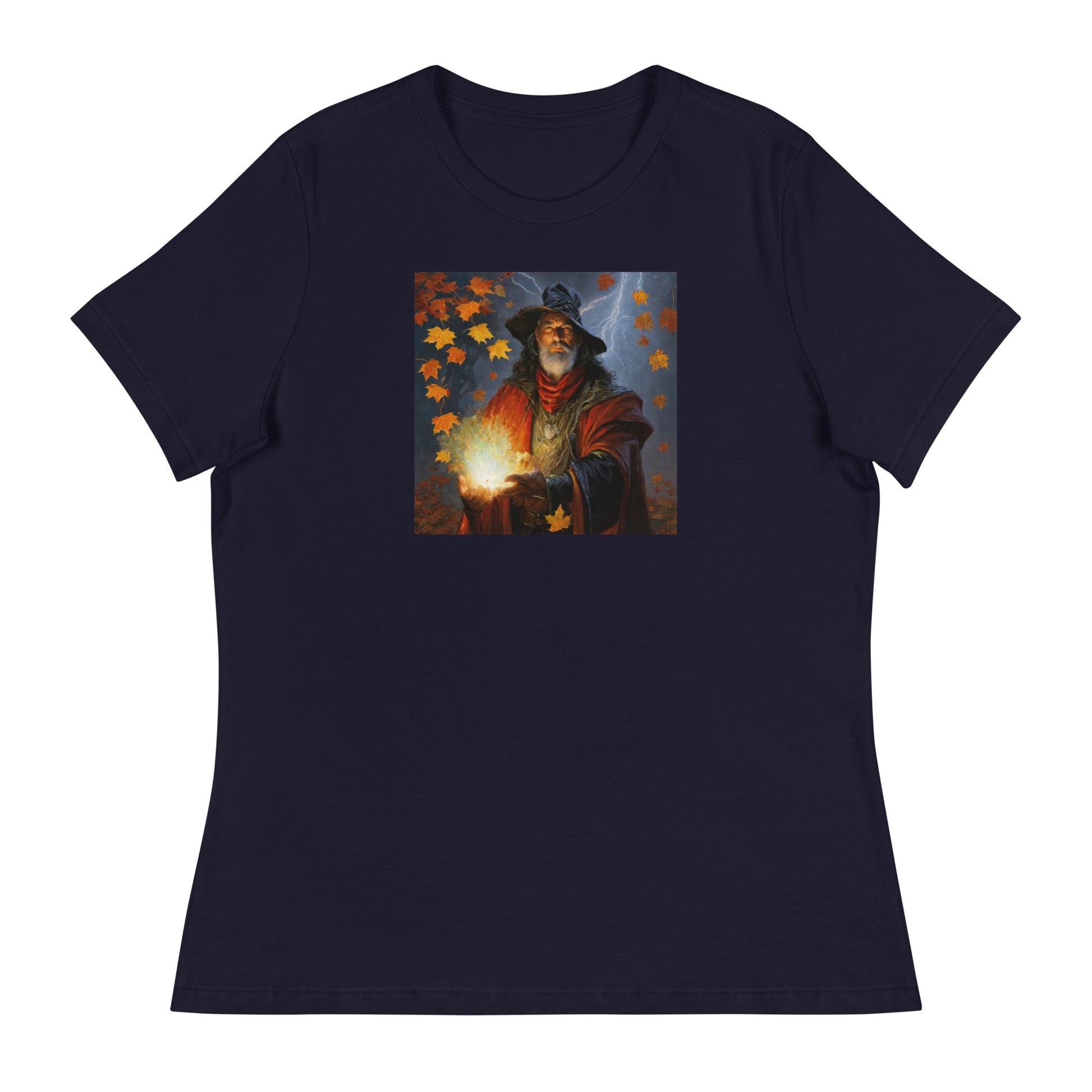 Autumn Wizard Making Fall Leaves Women's Graphic T-Shirt Navy