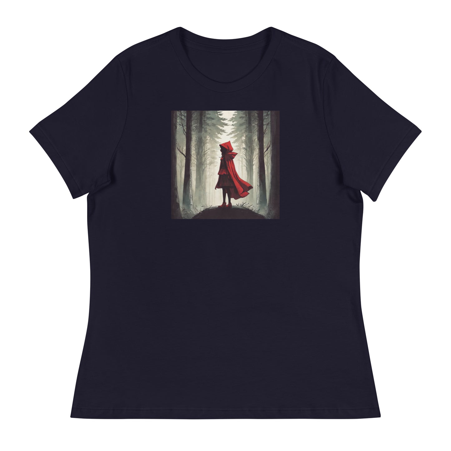 Bold Red Riding Hood in Forest Women's Fairy Tale T-Shirt Navy