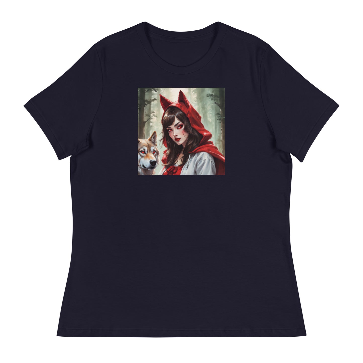 Red Riding Hood Colluding with the Wolf Women's Fairy Tale T-Shirt Navy