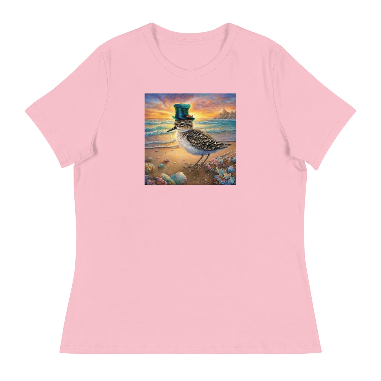 Sandpiper in Top Hat Women's Beach T-Shirt Pink