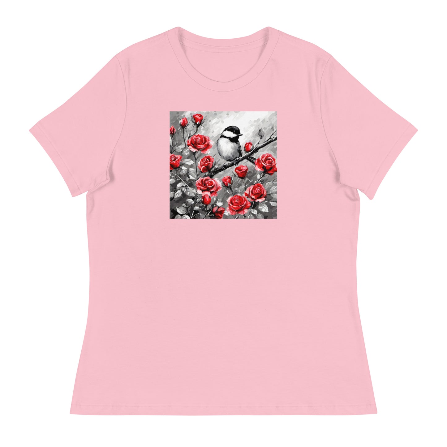 Chickadee Among Roses Women's Bird Lover T-Shirt Pink