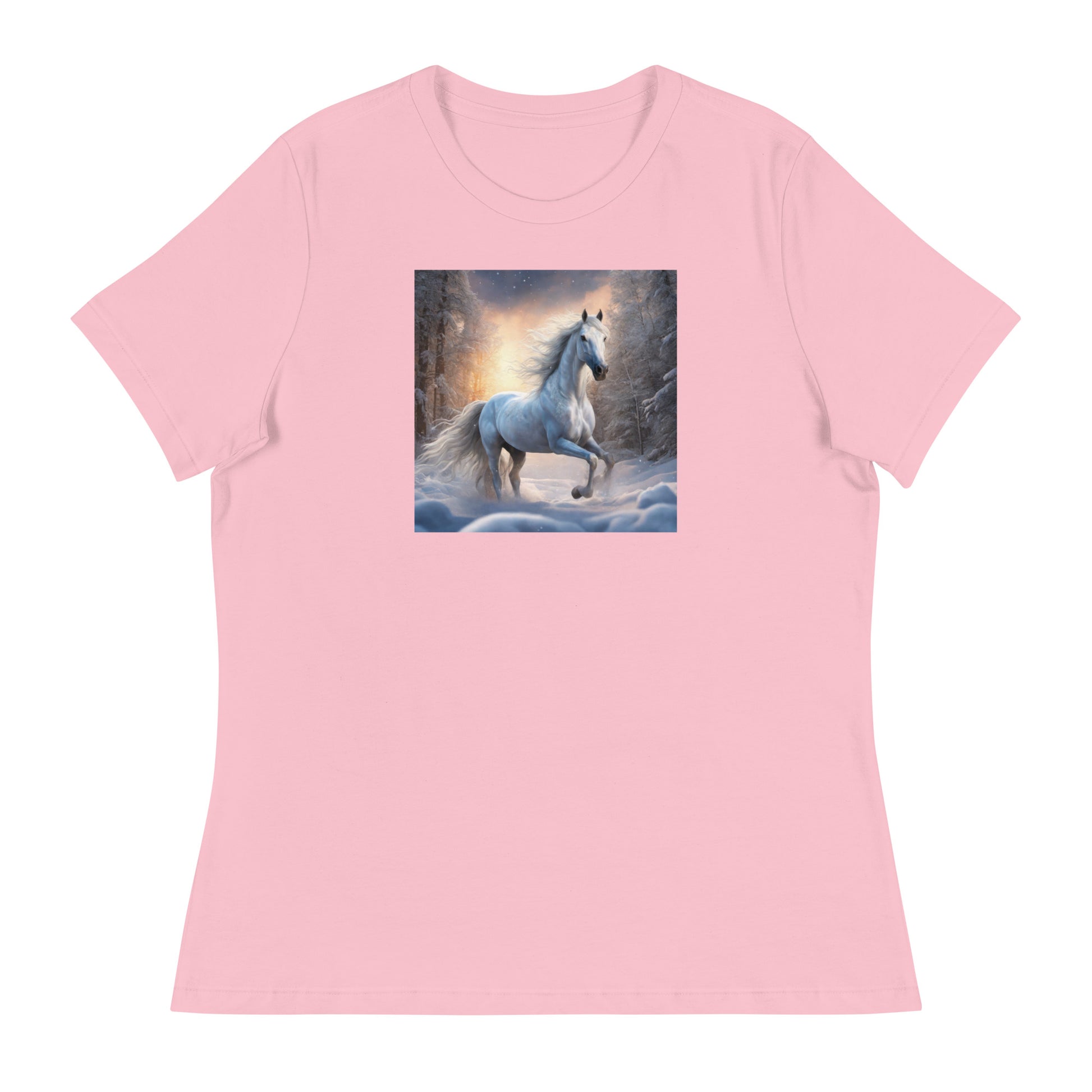 Beautiful White Winter Horse Women's Animal Lover T-Shirt Pink