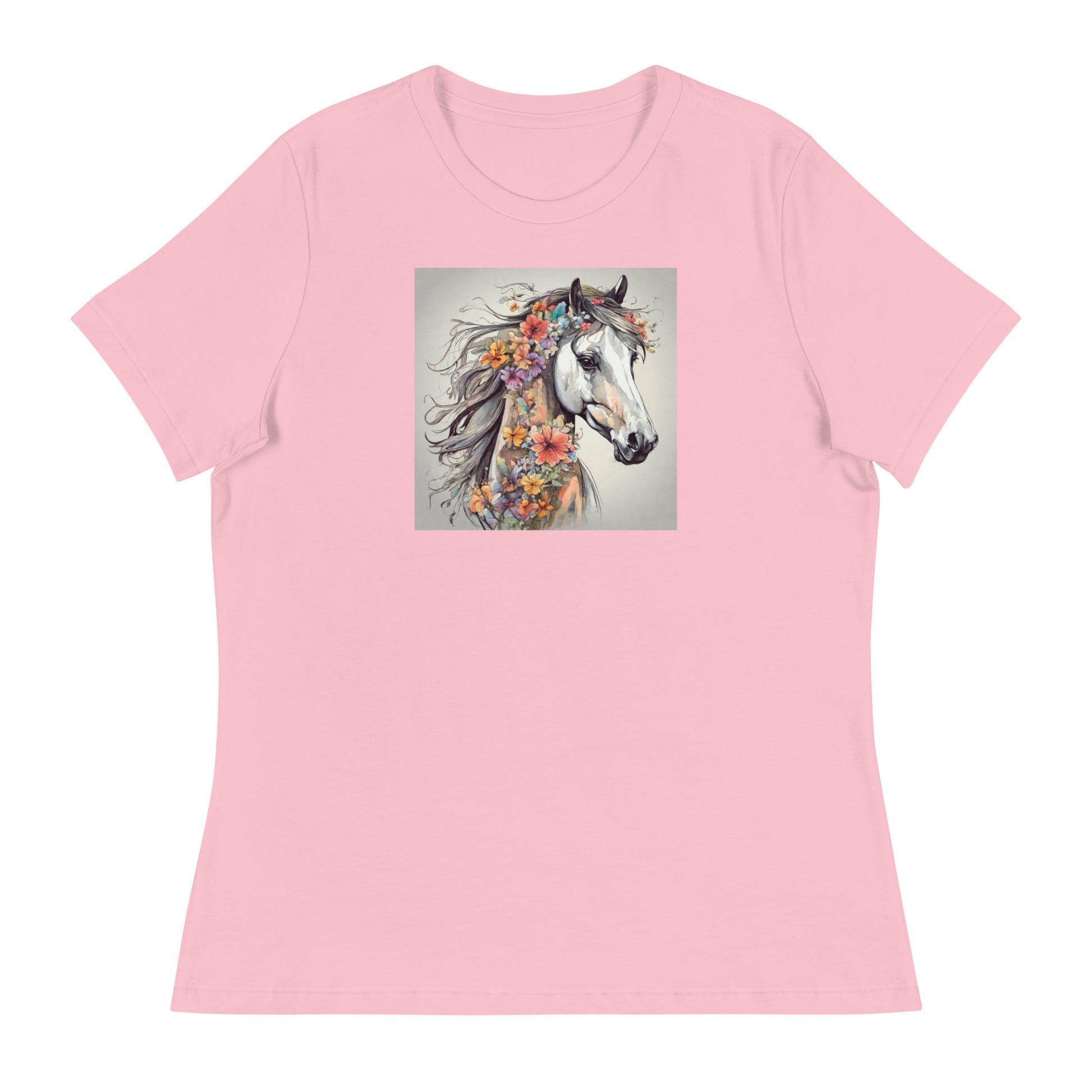 Horse with Flowers Women's Animal Lover T-Shirt Pink