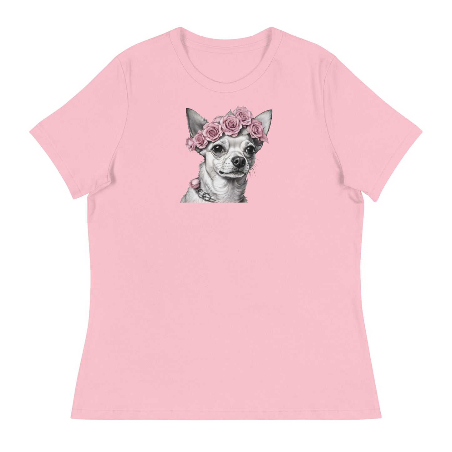 Chihuahua with Pink Rose Wreath Women's Dog Lover T-Shirt Pink