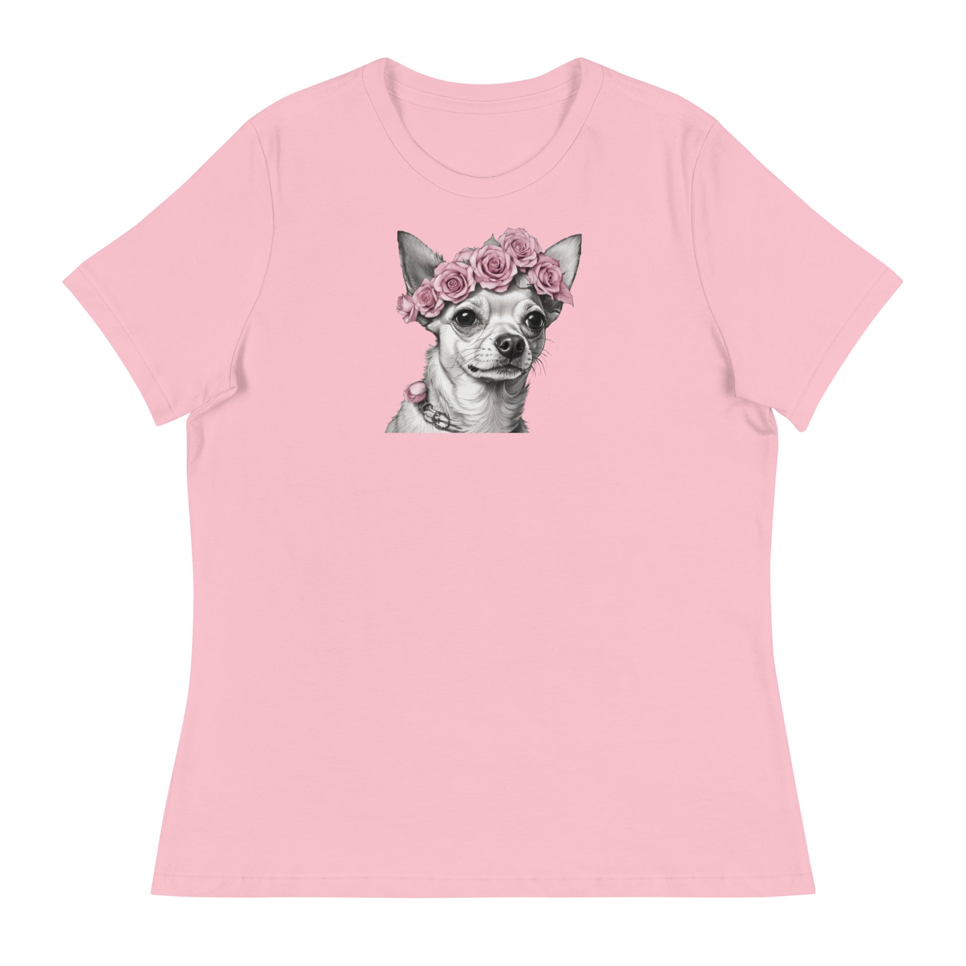 Chihuahua with Pink Rose Wreath Women's Dog Lover T-Shirt Pink