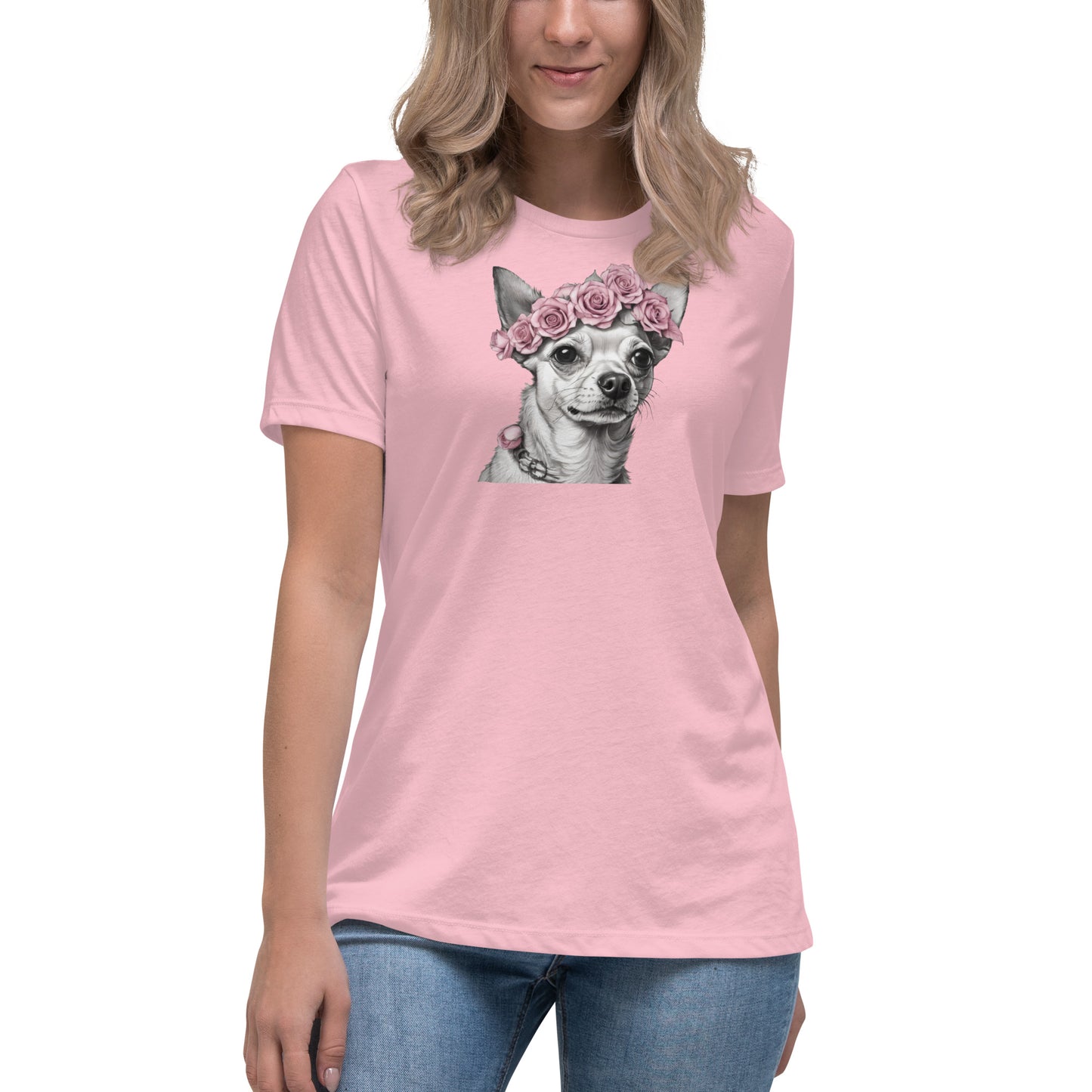 Chihuahua with Pink Rose Wreath Women's Dog Lover T-Shirt