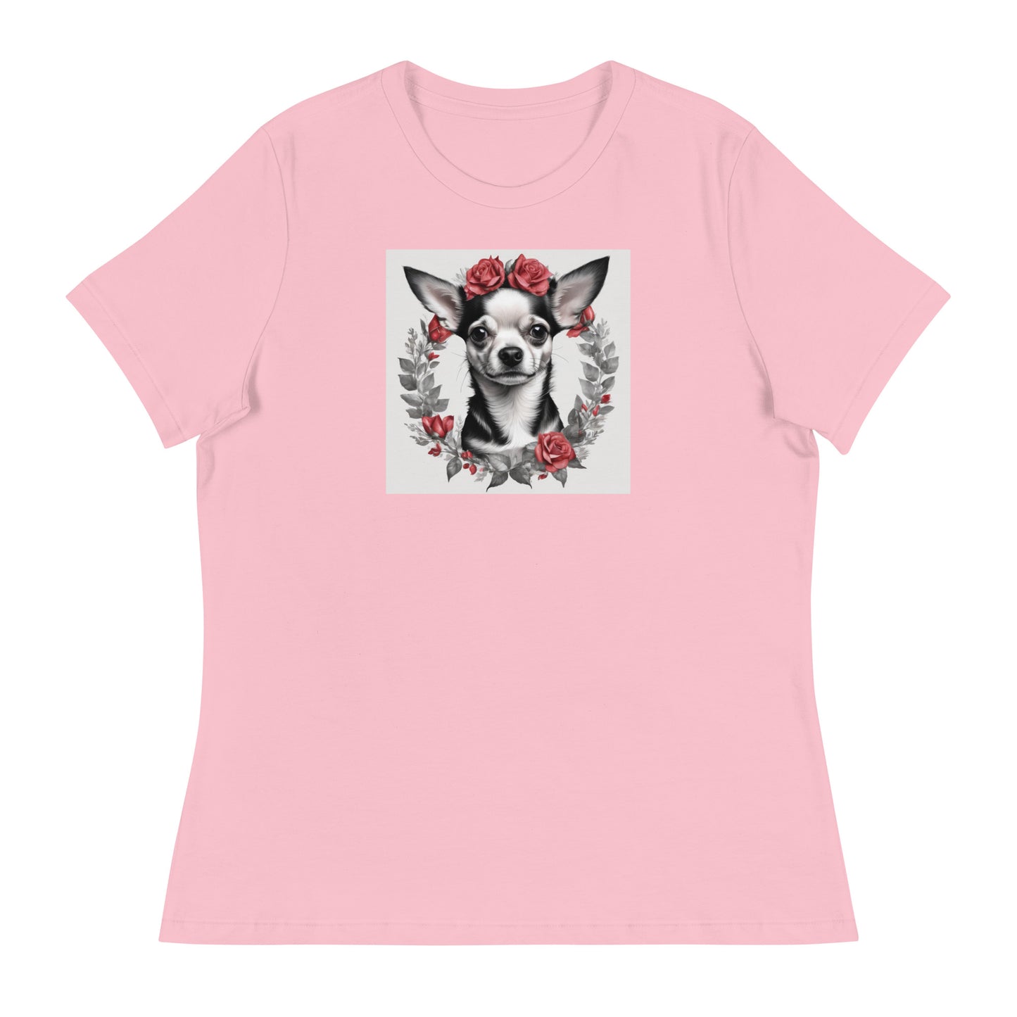 Chihuahua with Red Rose Wreath Women's Dog Lover T-Shirt Pink