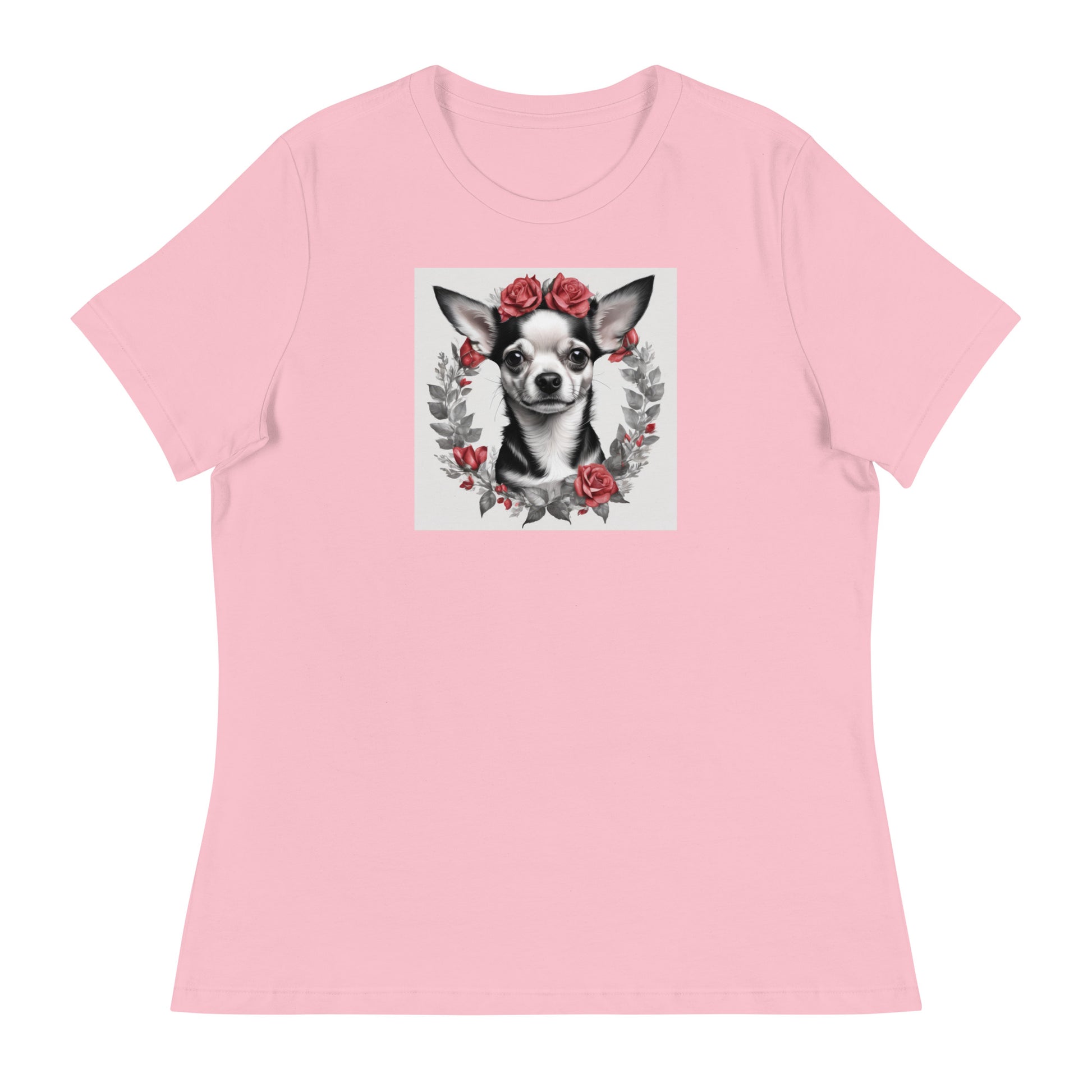 Chihuahua with Red Rose Wreath Women's Dog Lover T-Shirt Pink