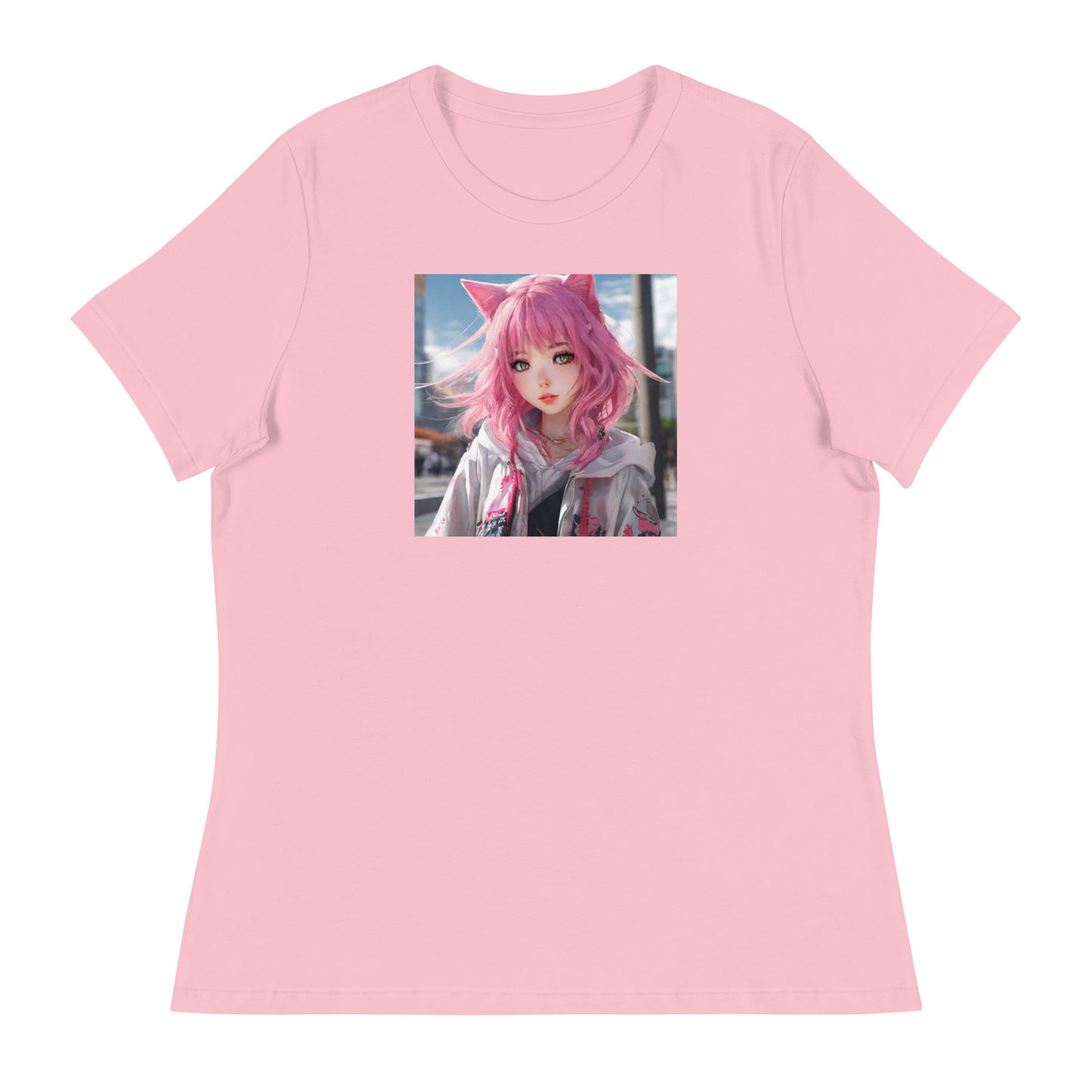 Cute Girl with Cat Ears and Pink Hair Women's Anime T-Shirt Pink