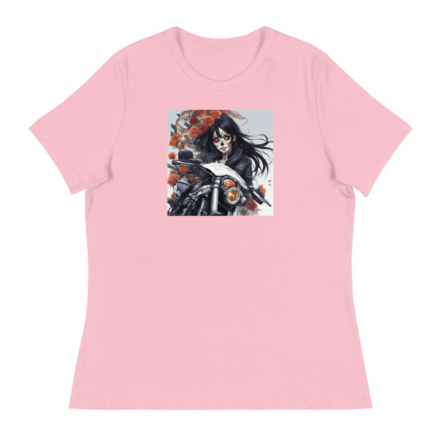 Day of the Dead Biker Close Up Women's Anime T-Shirt Pink