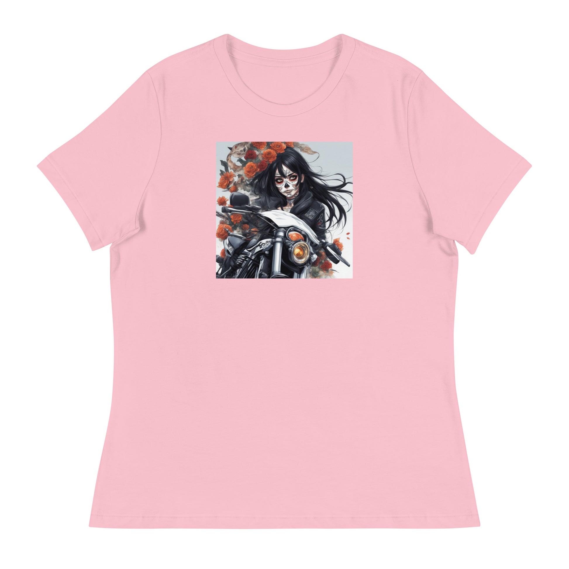 Day of the Dead Biker Close Up Women's Anime T-Shirt Pink