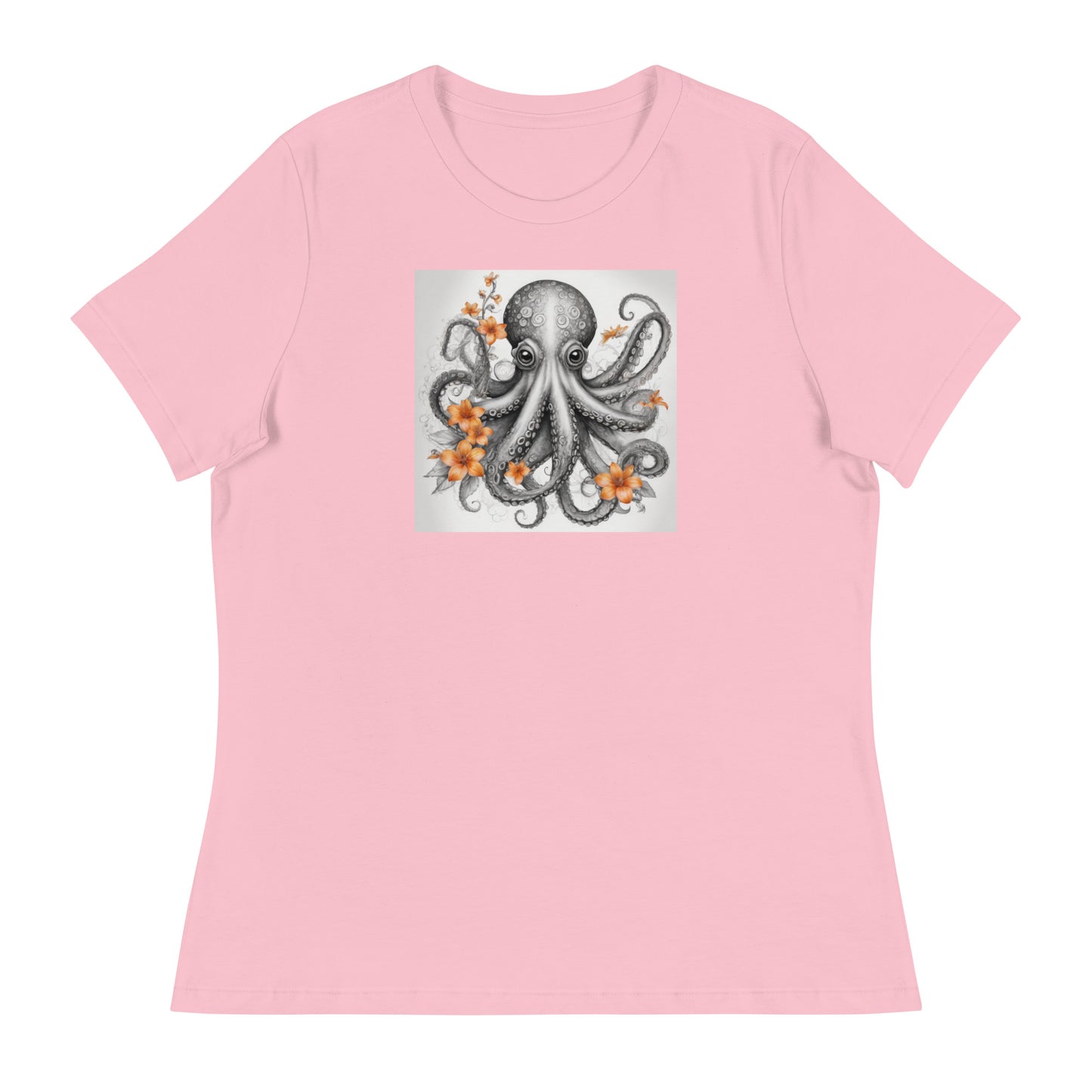 Octopus with Orange Flowers Women's Animal Lover T-Shirt Pink