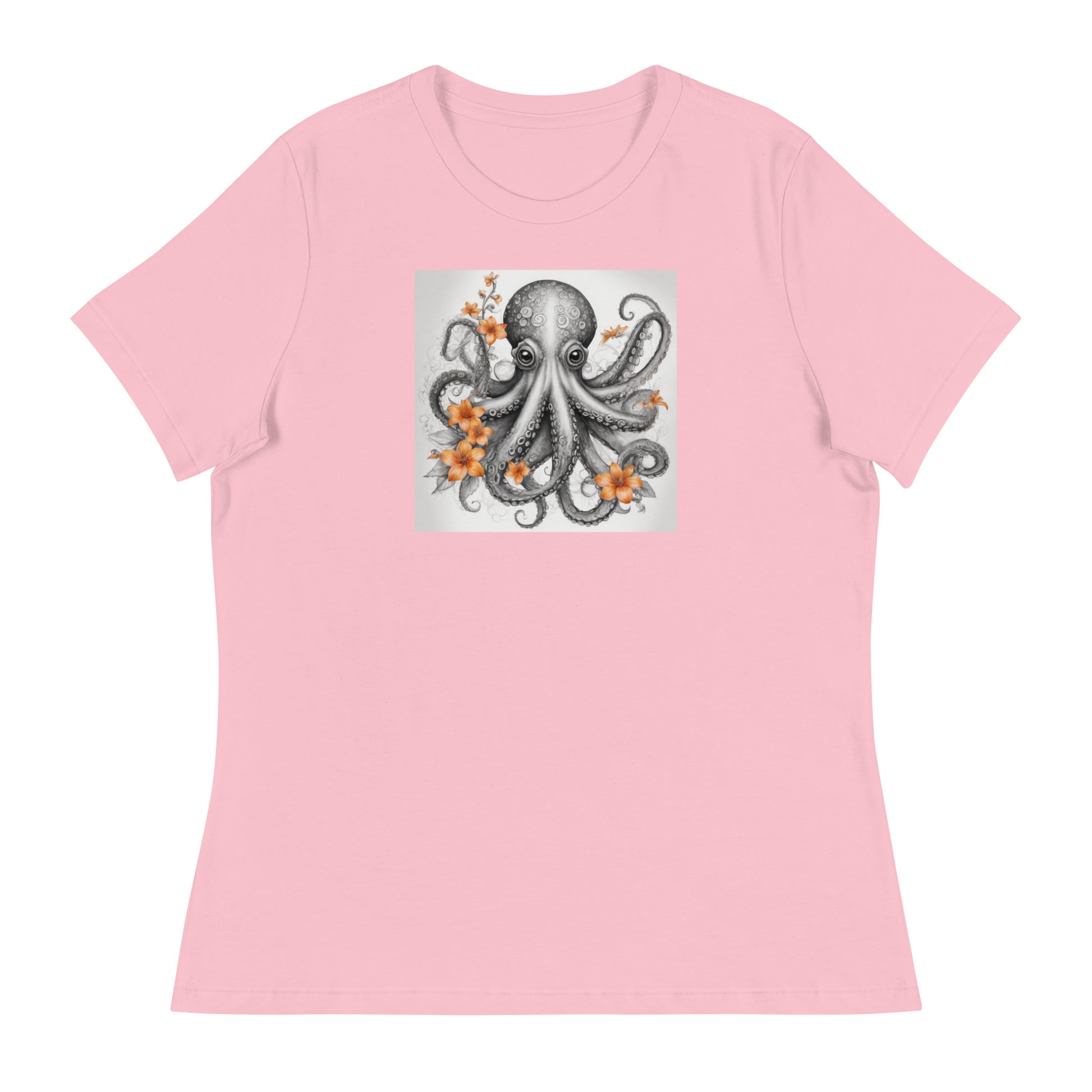 Octopus with Orange Flowers Women's Animal Lover T-Shirt Pink