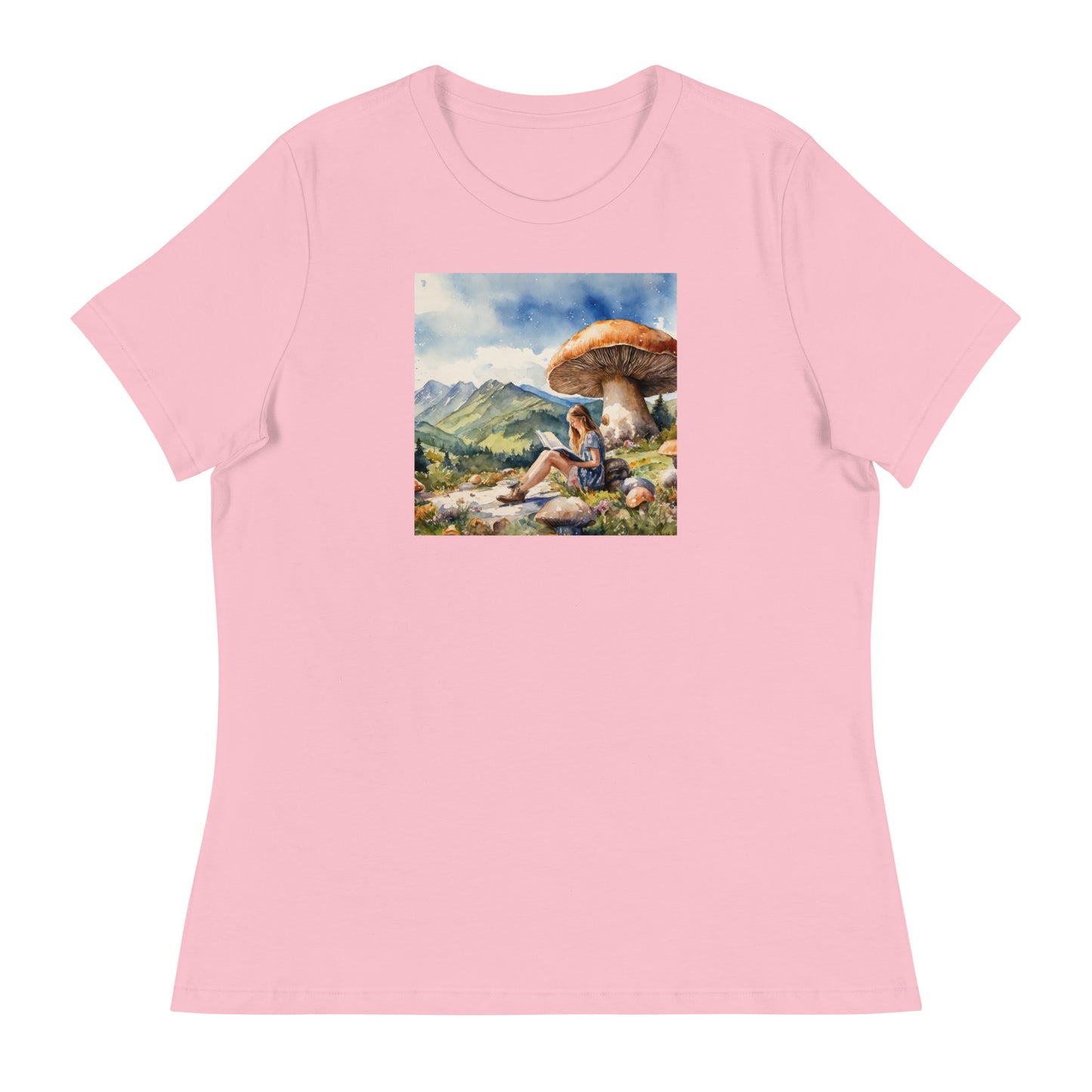 Woman Reading a Book under Large Mushroom Women's Book Lover T-Shirt Pink