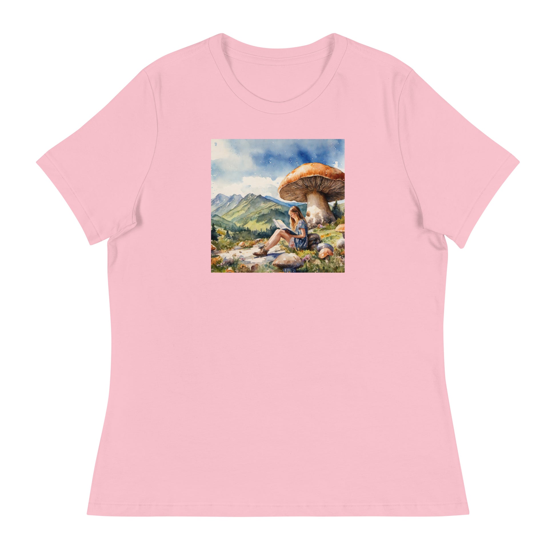 Woman Reading a Book under Large Mushroom Women's Book Lover T-Shirt Pink