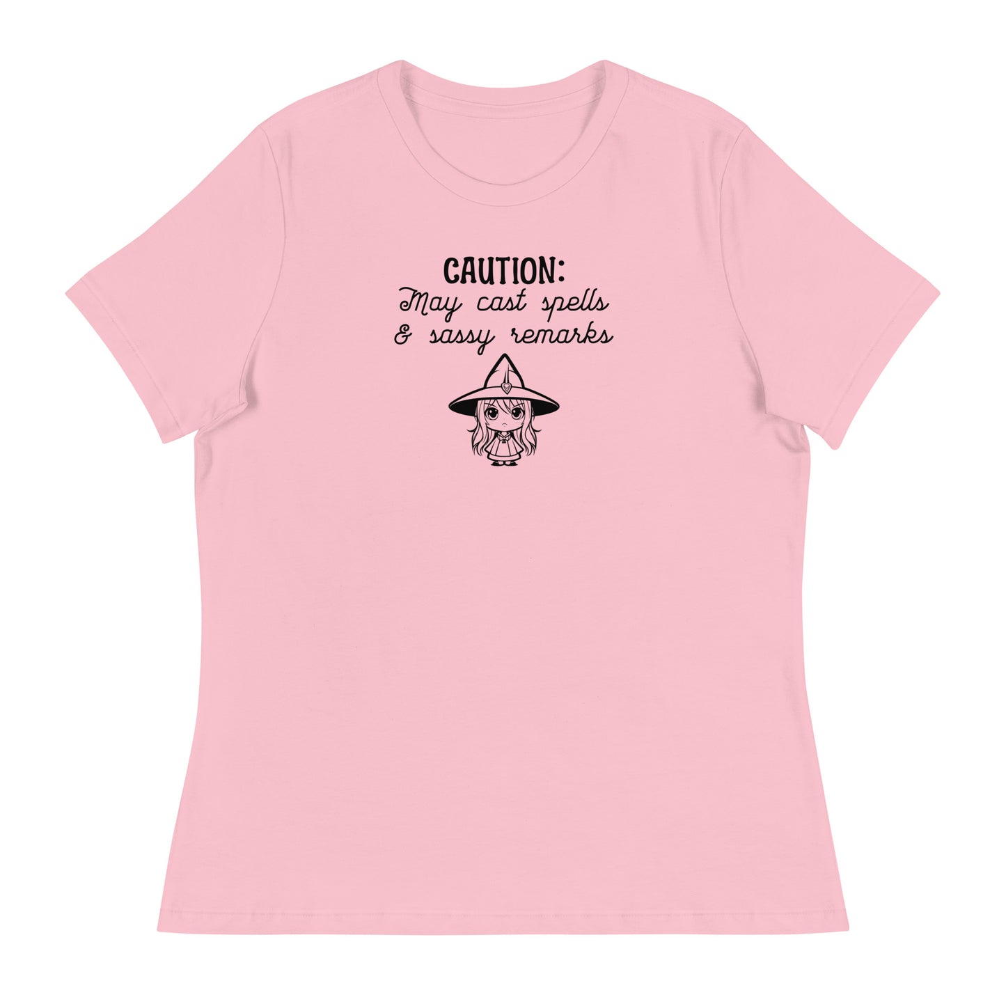 CAUTION: May Cast Spells & Sassy Remarks Women's Halloween T-Shirt Pink