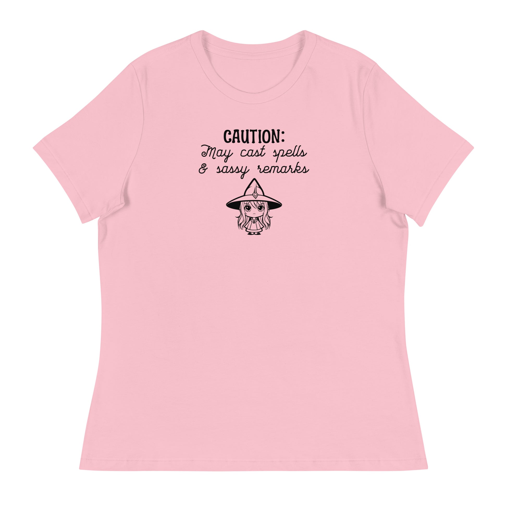 CAUTION: May Cast Spells & Sassy Remarks Women's Halloween T-Shirt Pink