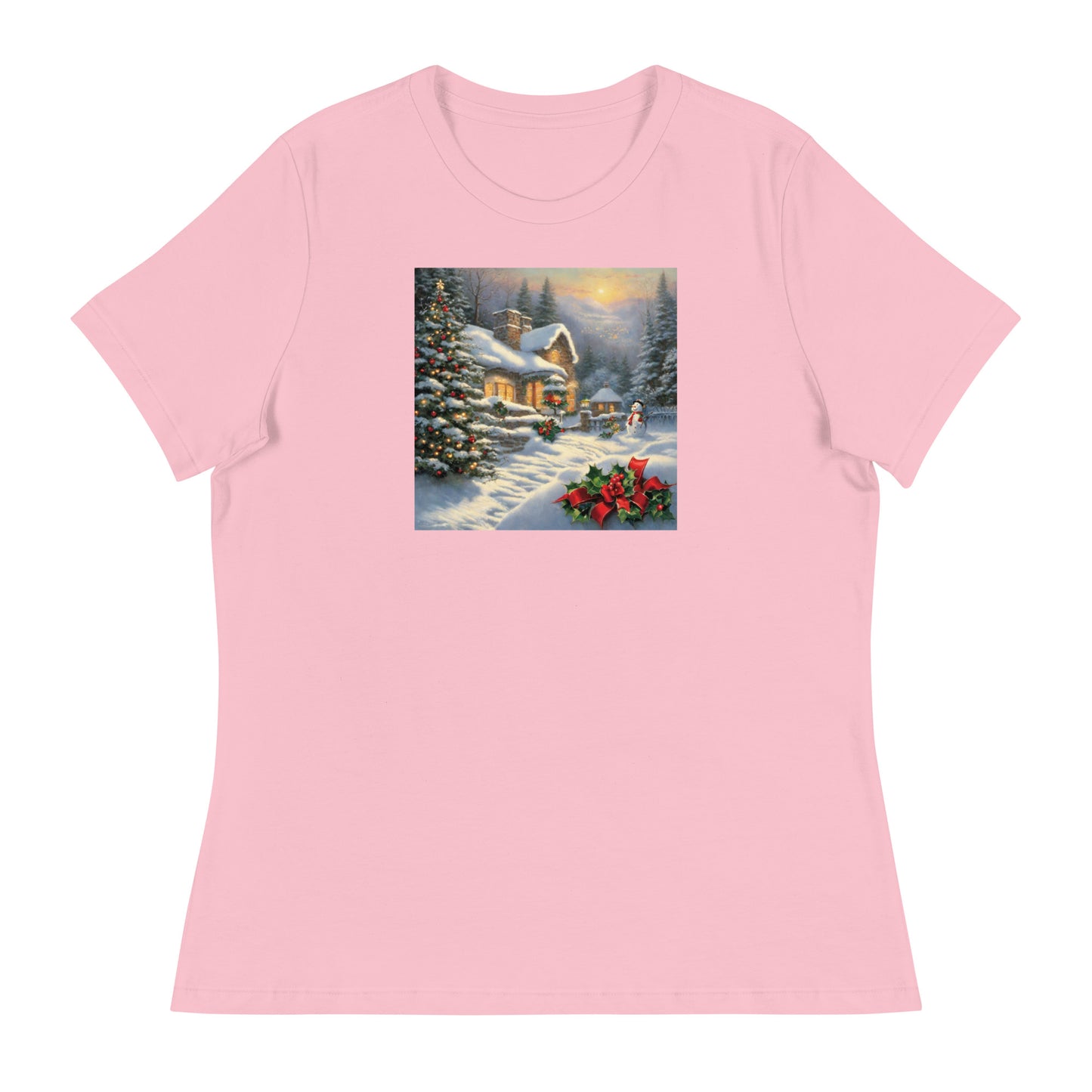 Snowy Winter Scene Women's Christmas T-Shirt Pink