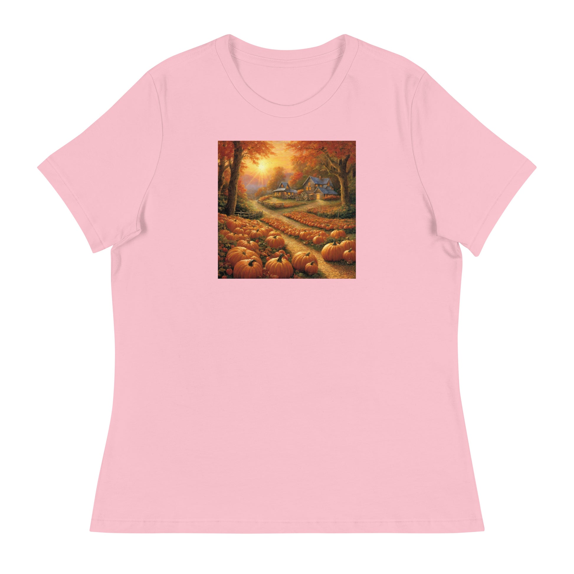 Fall Pumpkin Scene Women's Autumn T-Shirt Pink