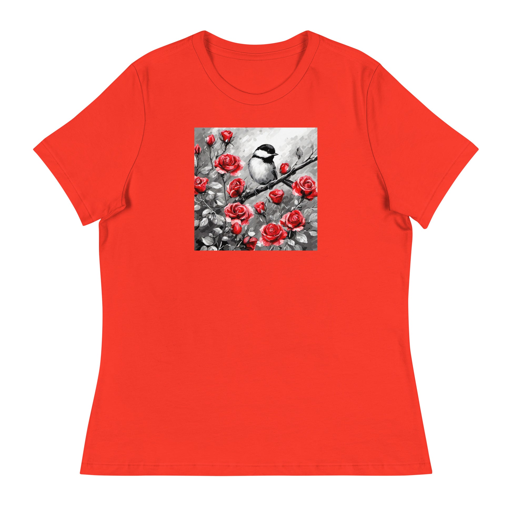 Chickadee Among Roses Women's Bird Lover T-Shirt Poppy