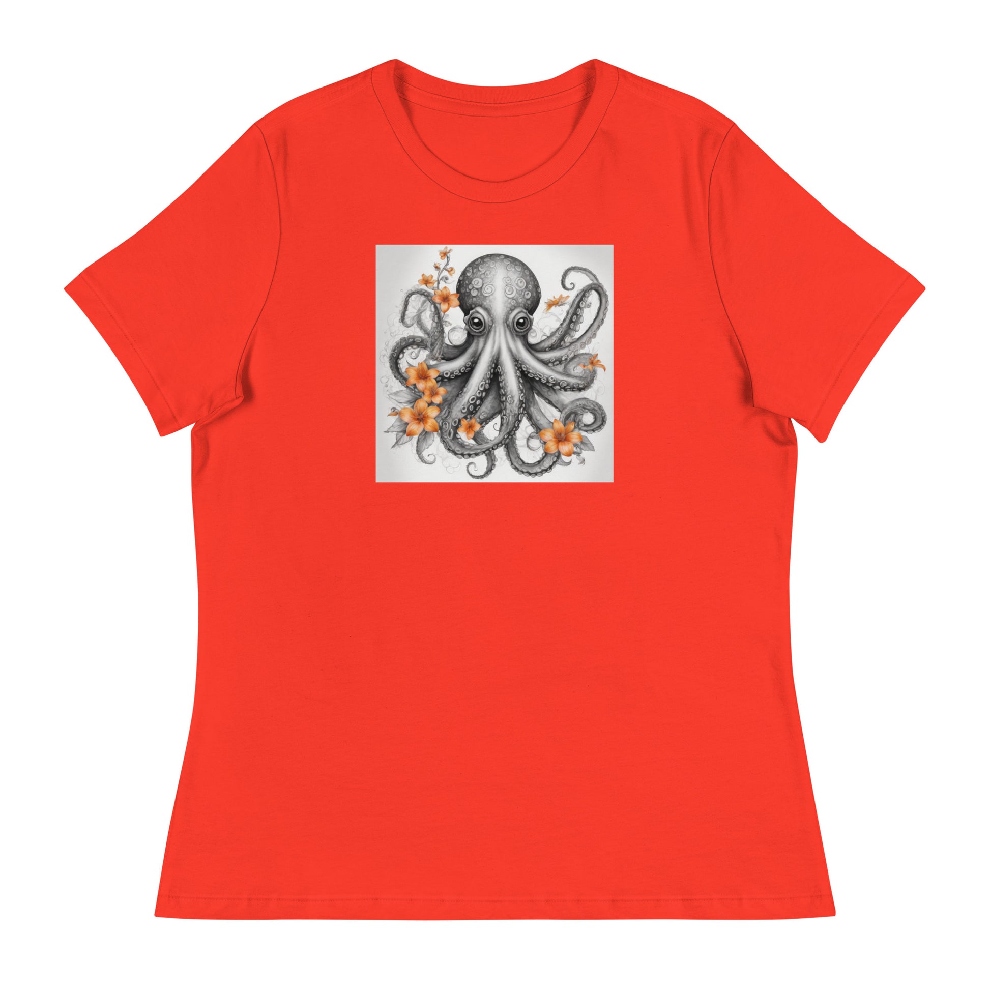 Octopus with Orange Flowers Women's Animal Lover T-Shirt Poppy