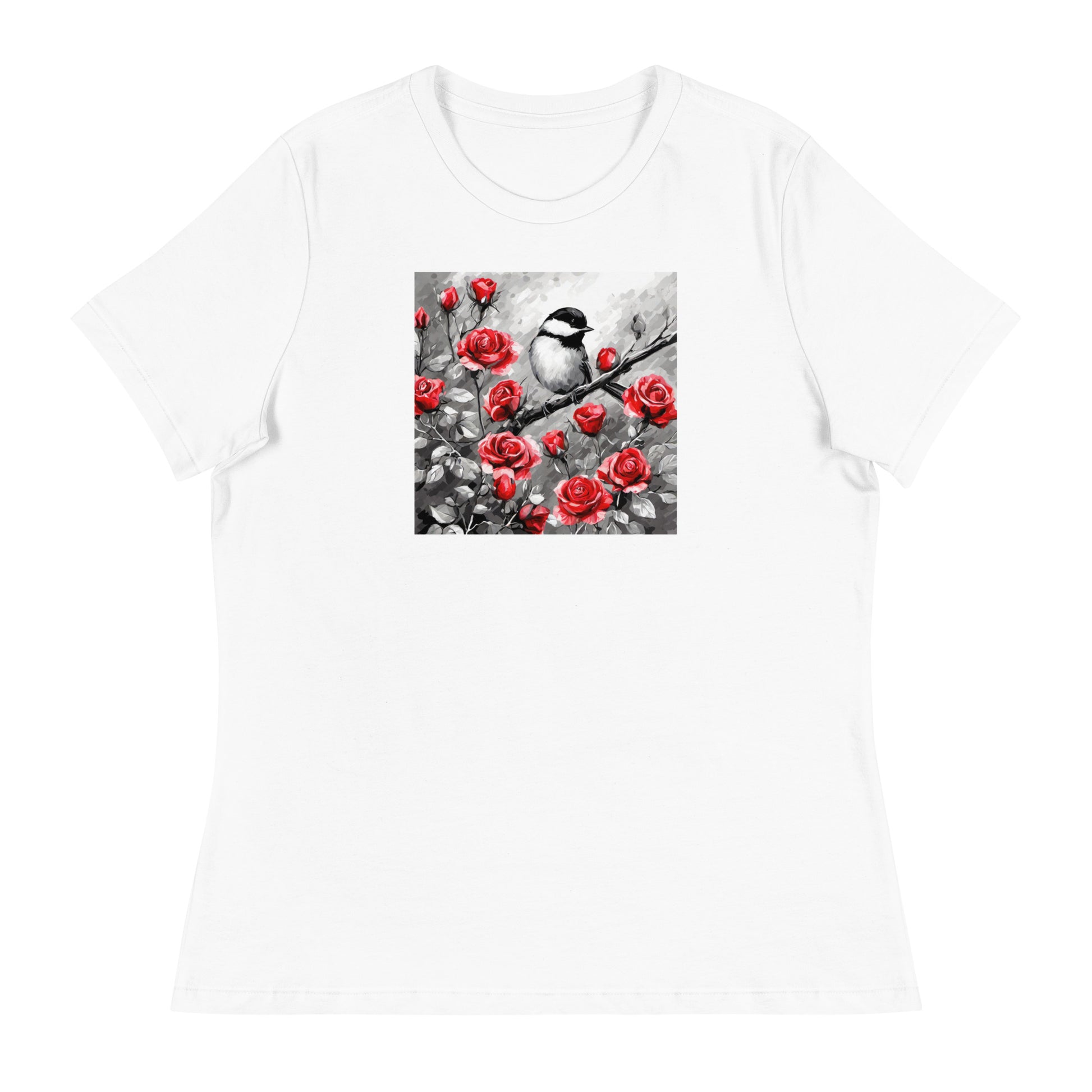 Chickadee Among Roses Women's Bird Lover T-Shirt White