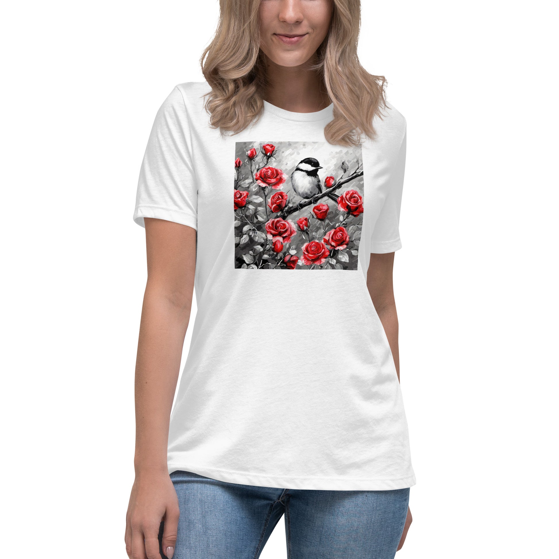 Chickadee Among Roses Women's Bird Lover T-Shirt