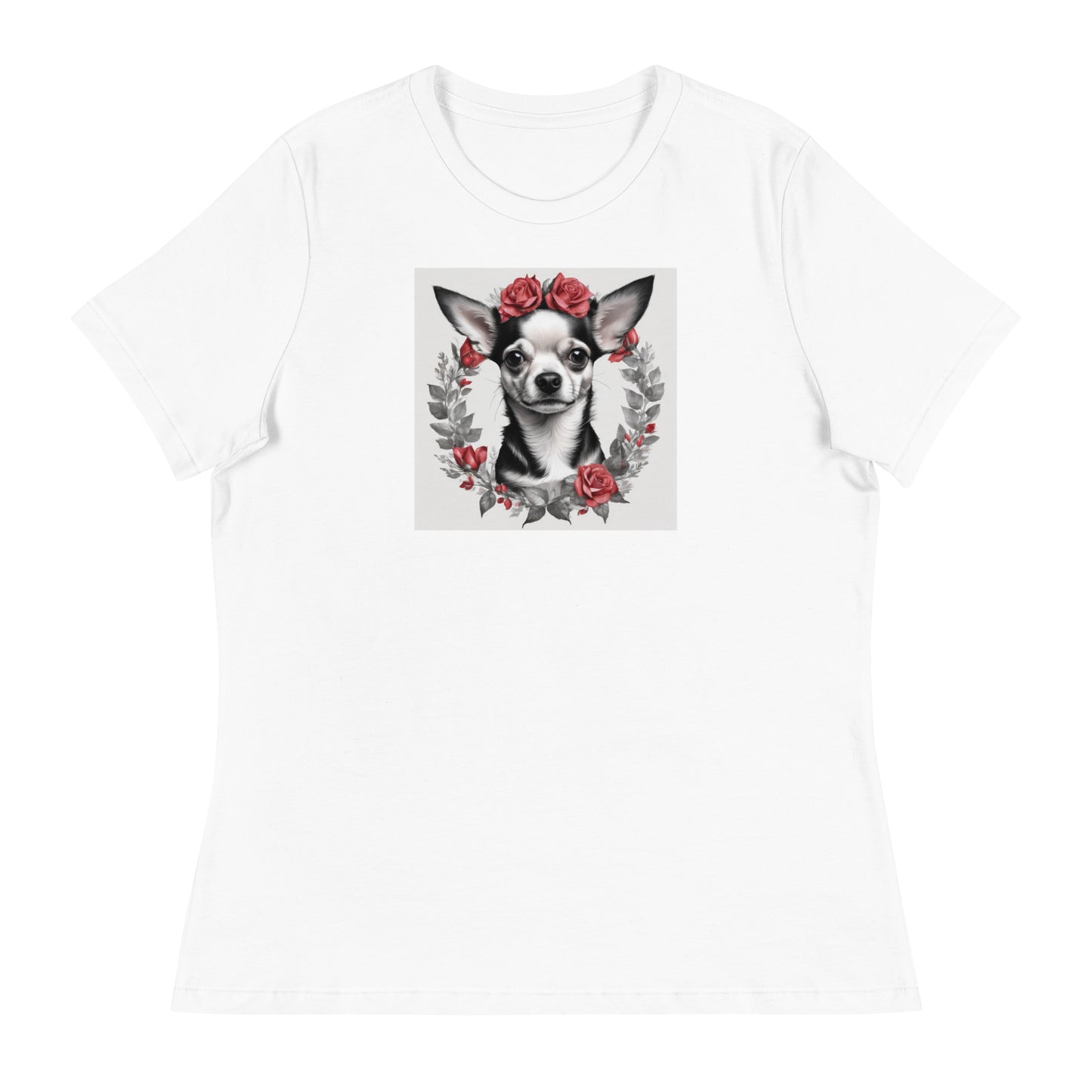 Chihuahua with Red Rose Wreath Women's Dog Lover T-Shirt White