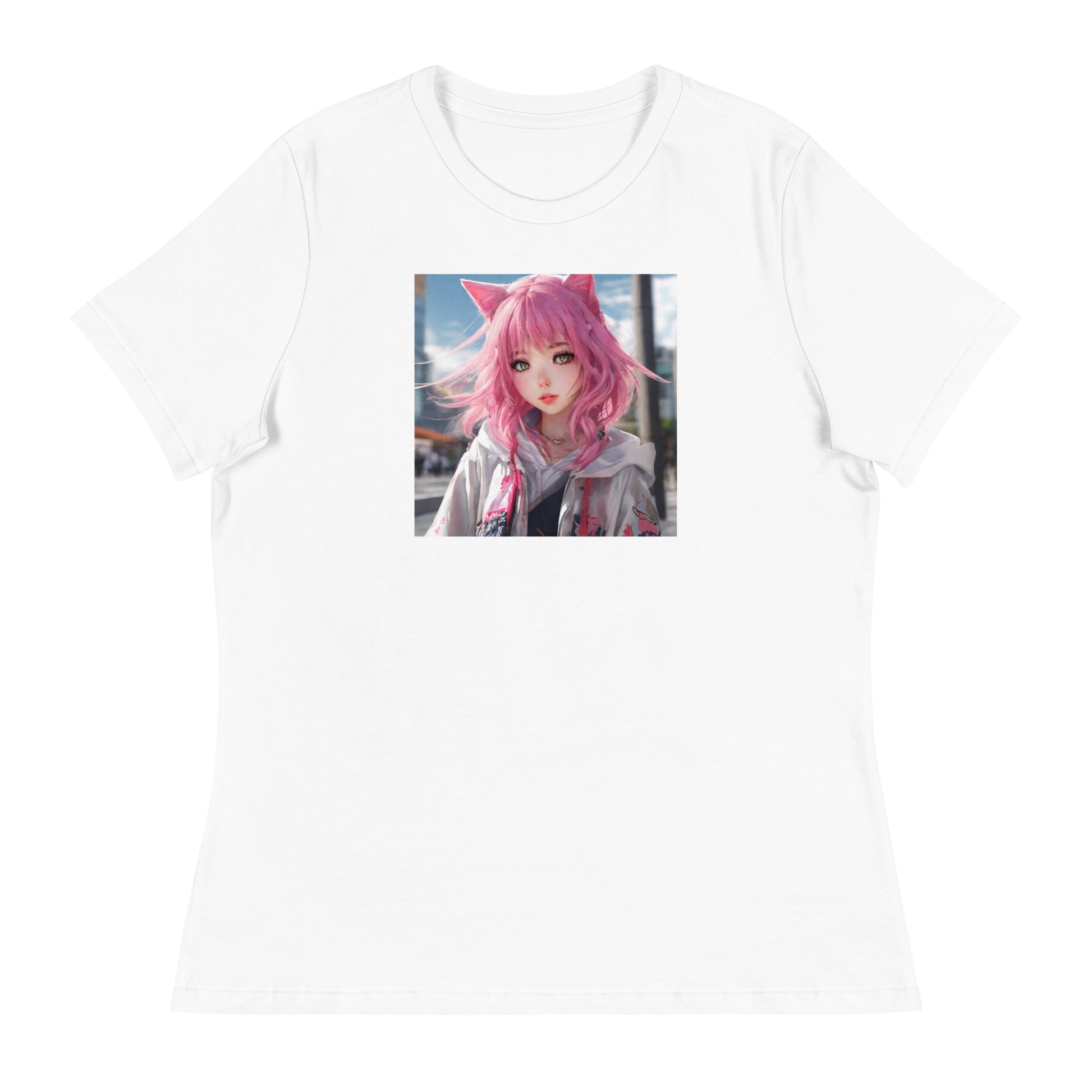 Cute Girl with Cat Ears and Pink Hair Women's Anime T-Shirt White