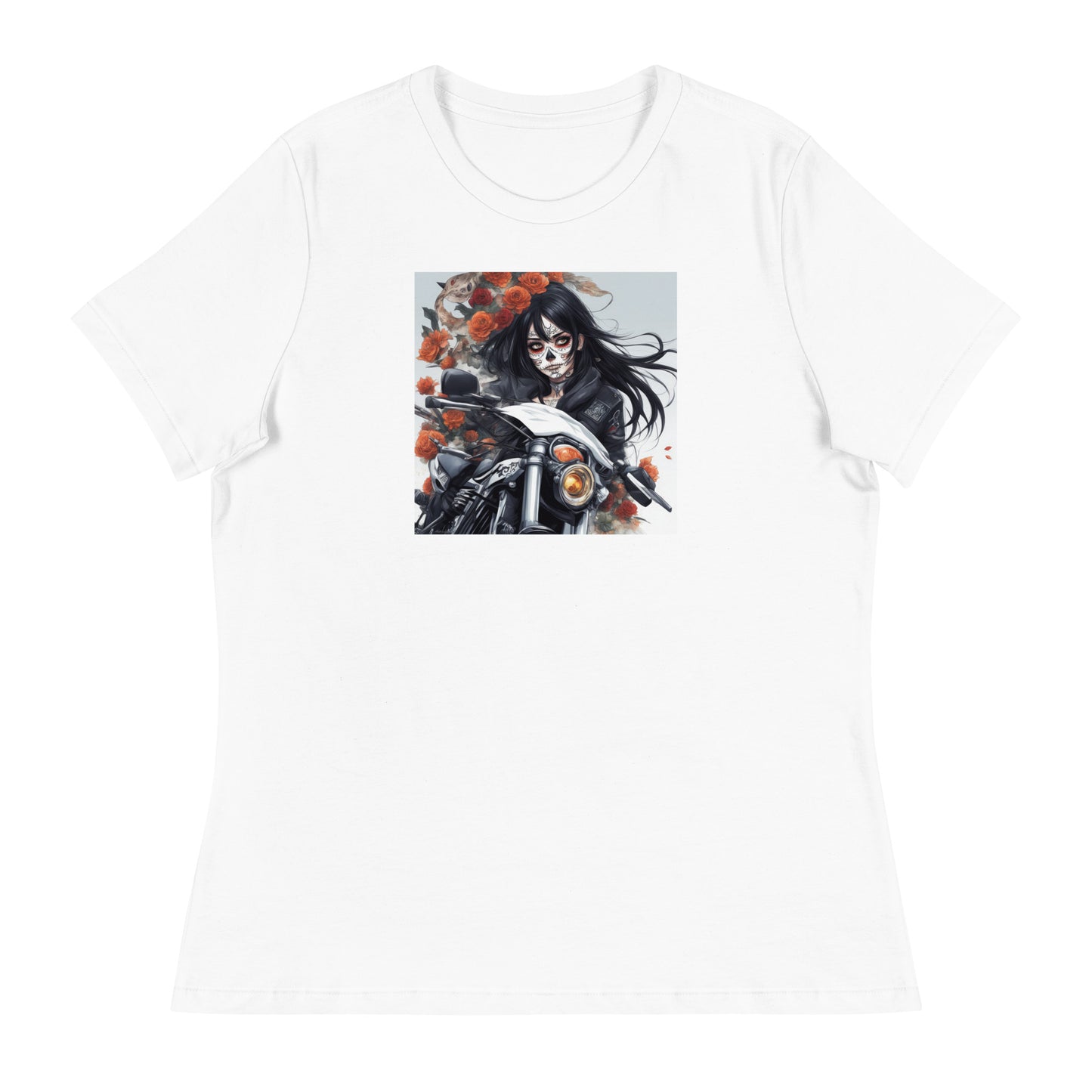 Day of the Dead Biker Close Up Women's Anime T-Shirt White