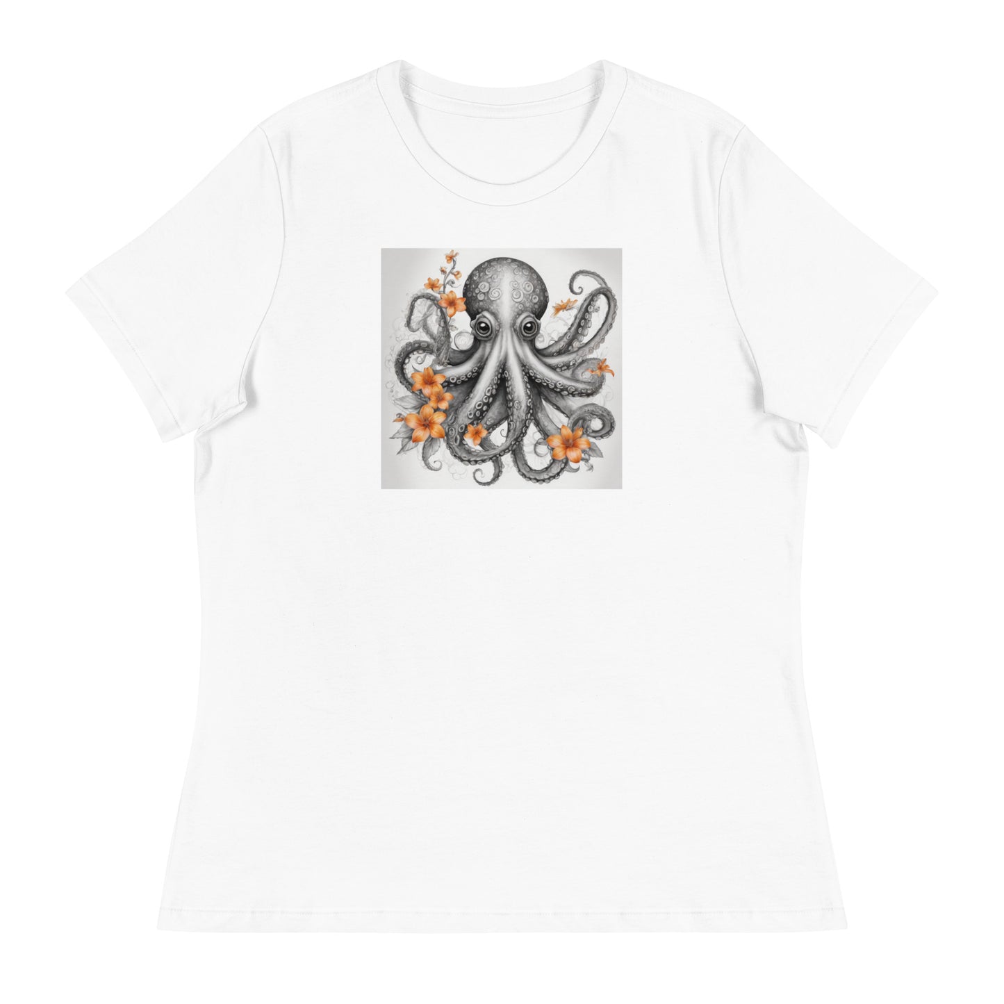 Octopus with Orange Flowers Women's Animal Lover T-Shirt White