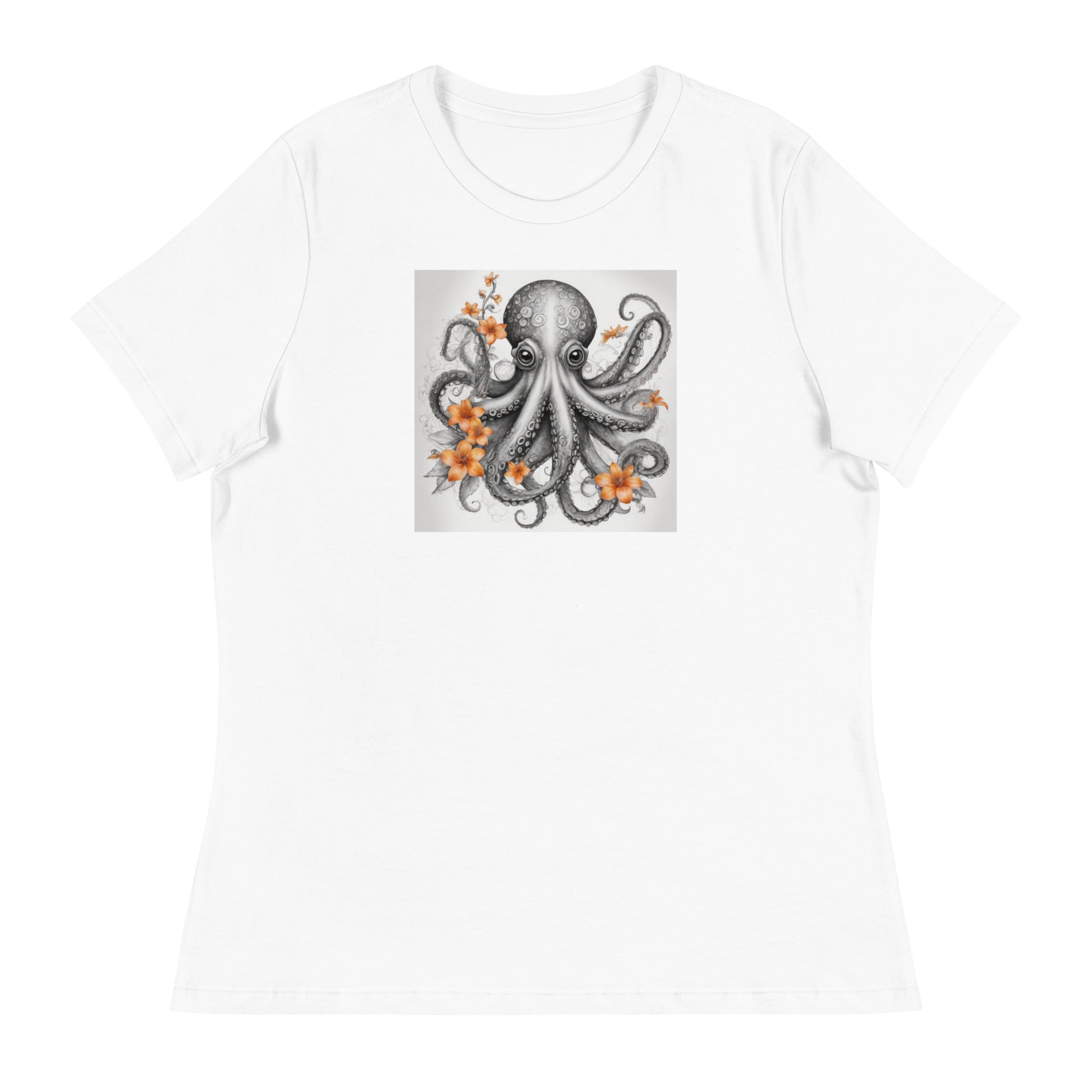 Octopus with Orange Flowers Women's Animal Lover T-Shirt White