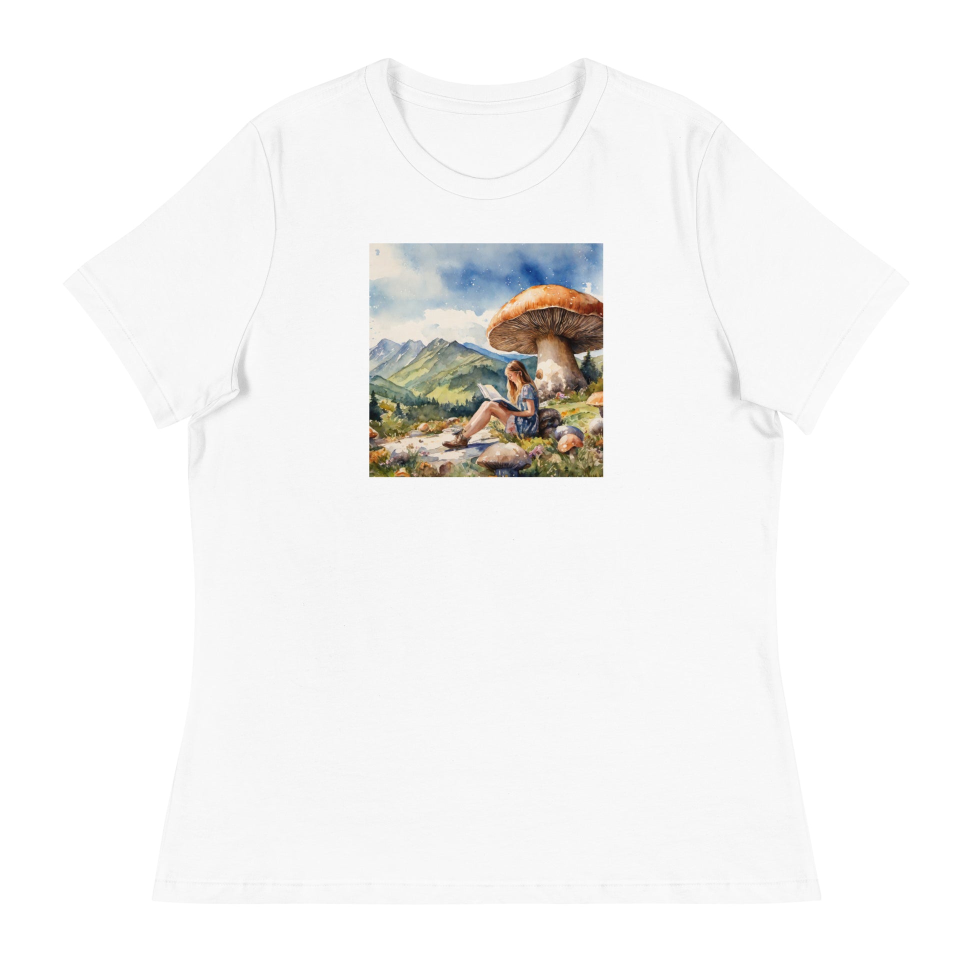 Woman Reading a Book under Large Mushroom Women's Book Lover T-Shirt White